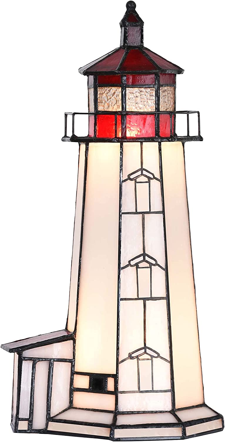 SHADY L10770 Peggy's Point Lighthouse  Style Stained Glass Accent Table Lamp Night Light  12-inches Tall