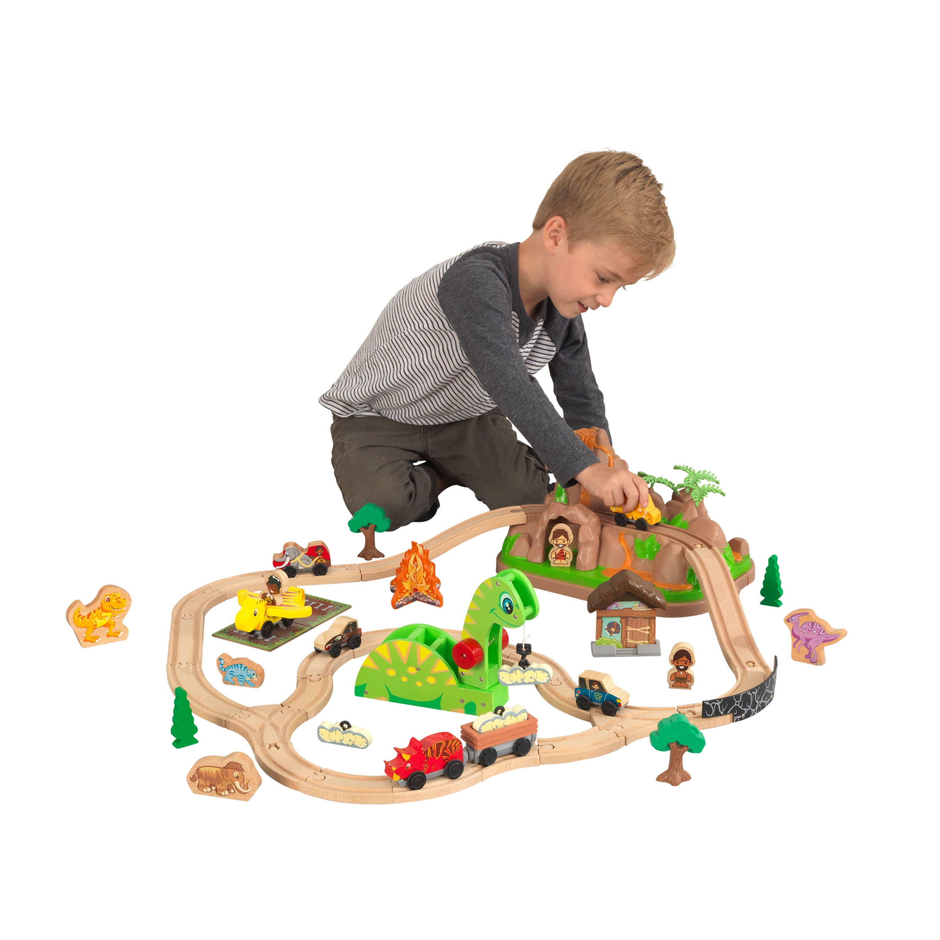 KidKraft Dinosaur Bucket Top Portable Wooden Train Set with 56 Pieces and 9 Feet of Track