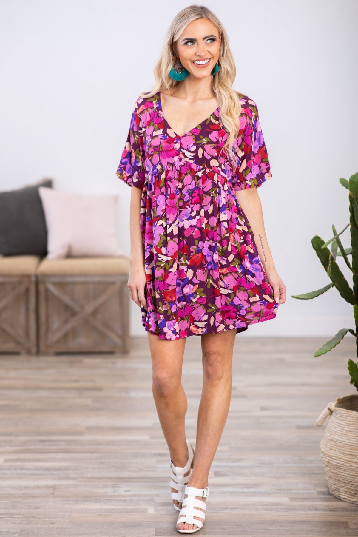 Raspberry Multicolor Floral Print V-Neck Dress