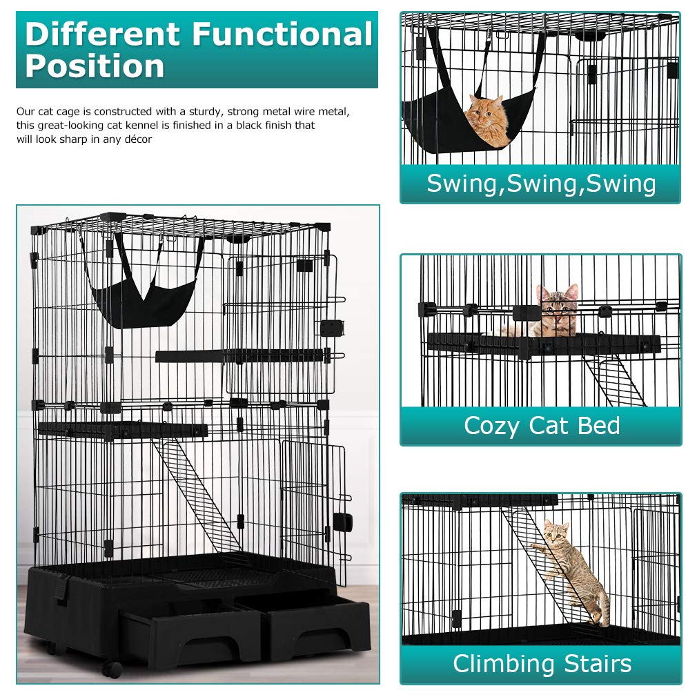 3-Tier Cat Cage Small Playpen Box Kennel Crate with 2 Front Doors， 52.3 Inch Height Cat House Furniture， Black