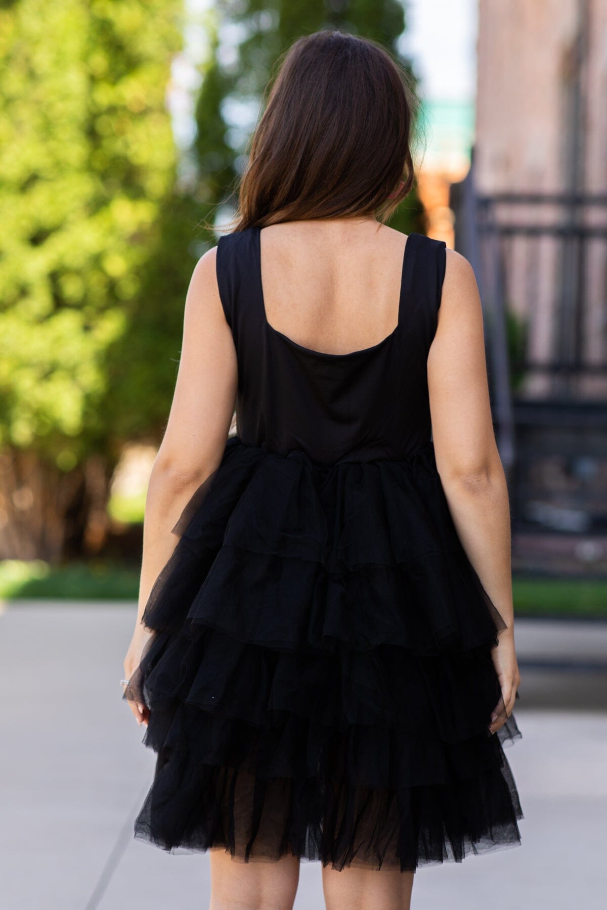 Black Square Neck Tulle Skirt Dress
