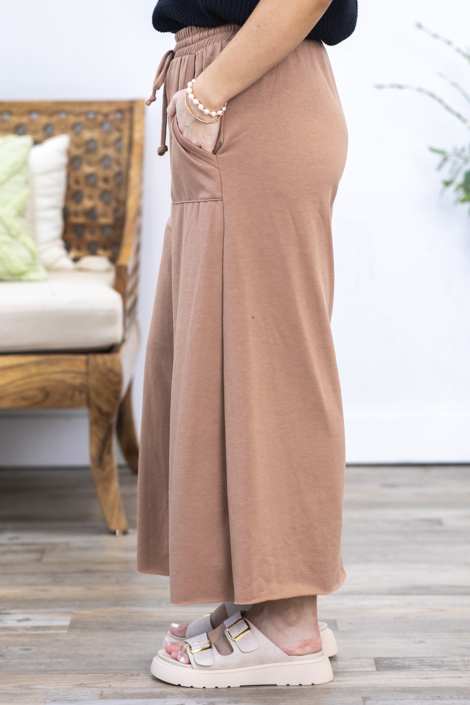 Mocha Tie-Wide Waist Banded Crop Pants