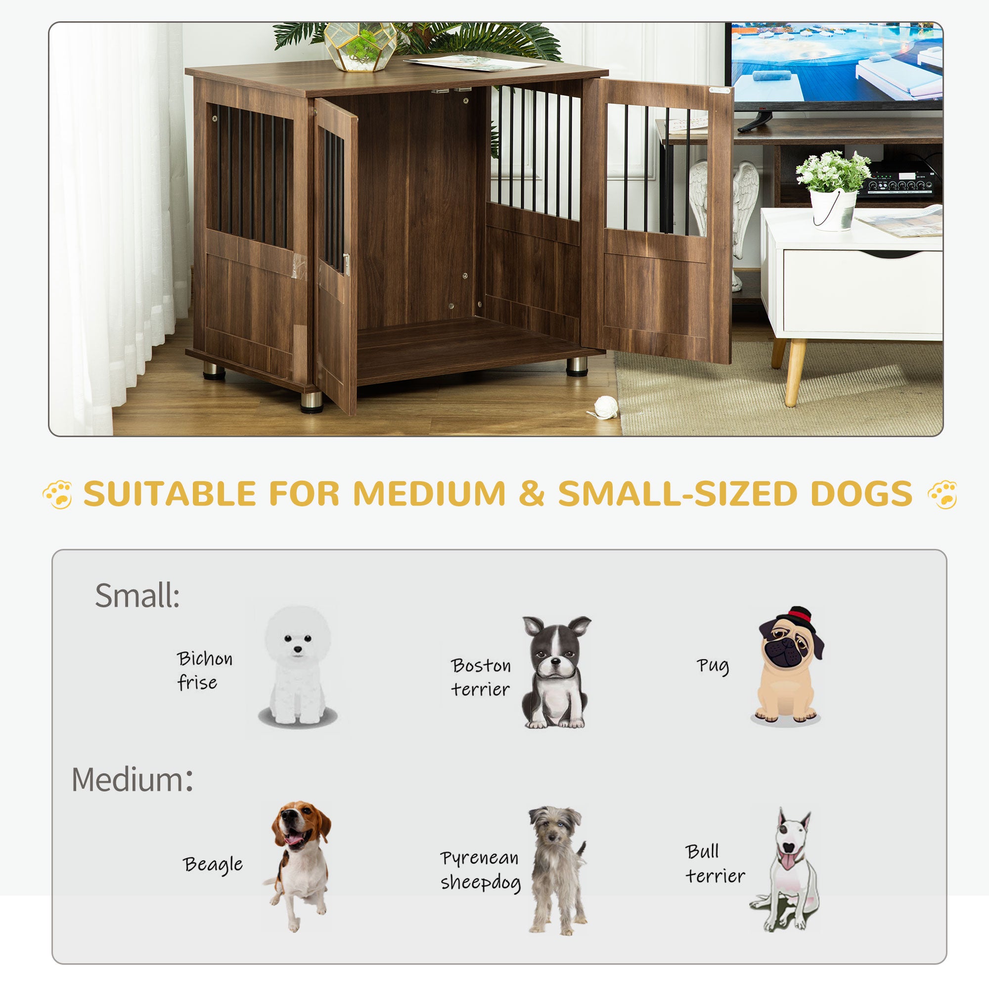 PawHut Furniture Style Dog Crate， Wooden and Wire End Table， Small and Medium Pet Crate with Magnetic Double Door Indoor Decorative Dog Kennel Cage， Brown