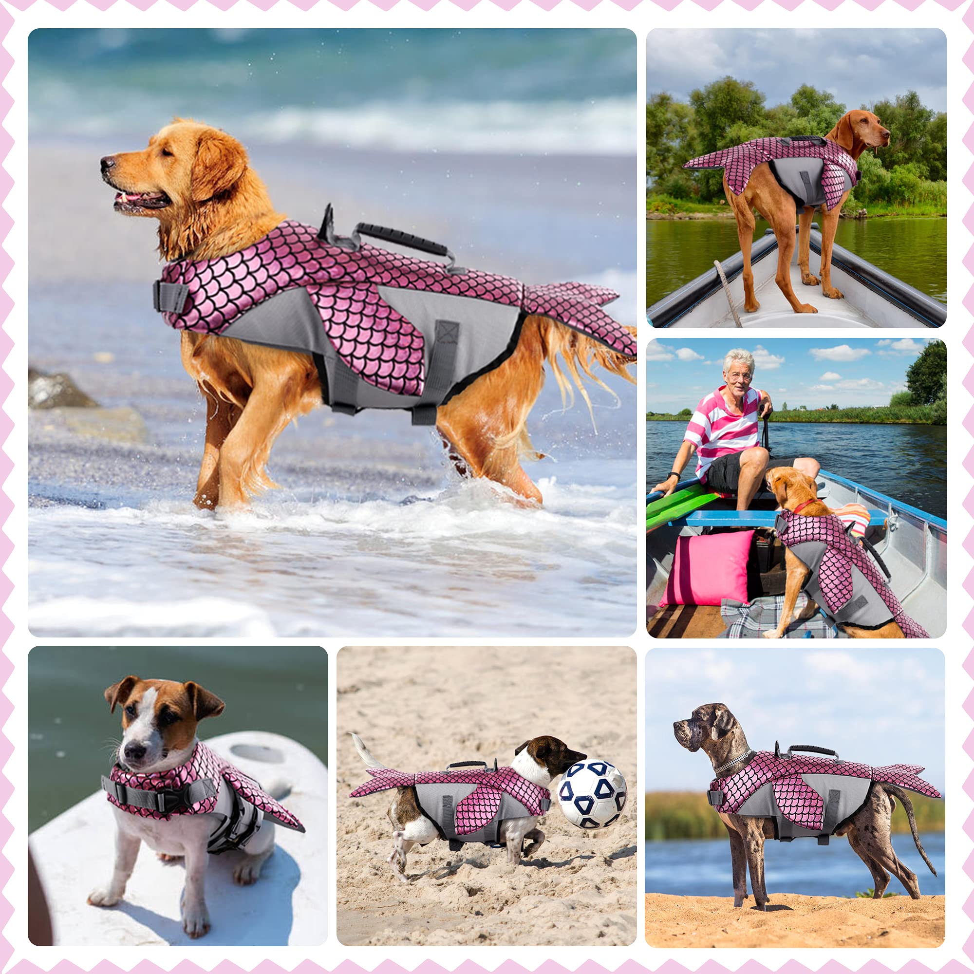 IDOMIK Dog Life Jacket， Dog Life Vest for Swimming， Reflective Dog Floatation Vest for Small Medium Large Dogs， Adjustable Life Jackets for Dogs， Pink