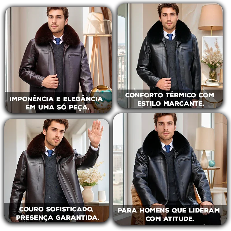 Jaqueta de Couro Masculina Lord Torino™ com Pele de Raposa Sintética e Forro Interno Térmico / Conforto e Imponência na Medida Certa!