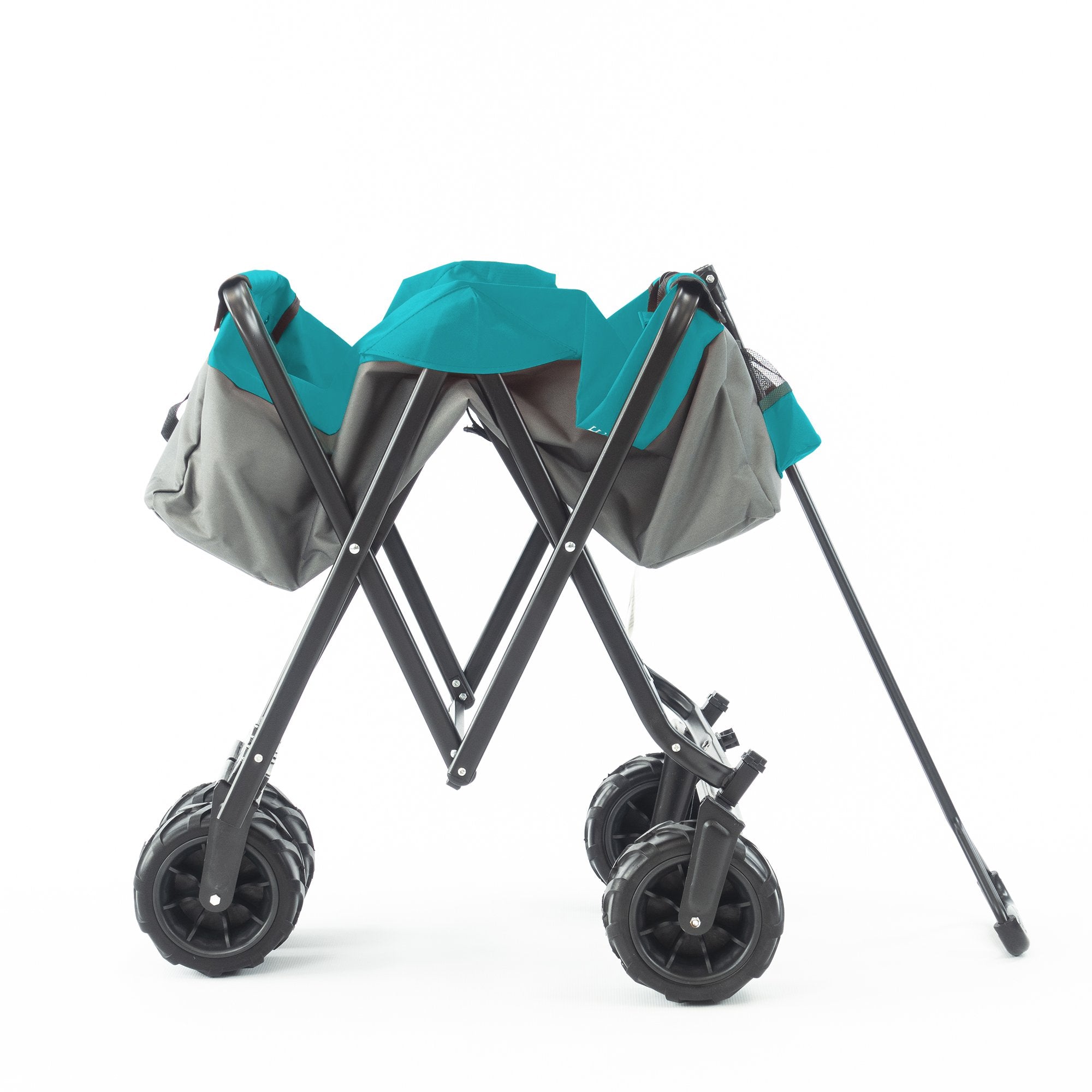 All-Terrain Collapsible Folding Wagon Cart | Beach Hauler | Grocery Wagon with Removable Wheels Side Bag and Anti-Drop Net for Outdoor， Camping， Shopping， Sports | Gray Teal