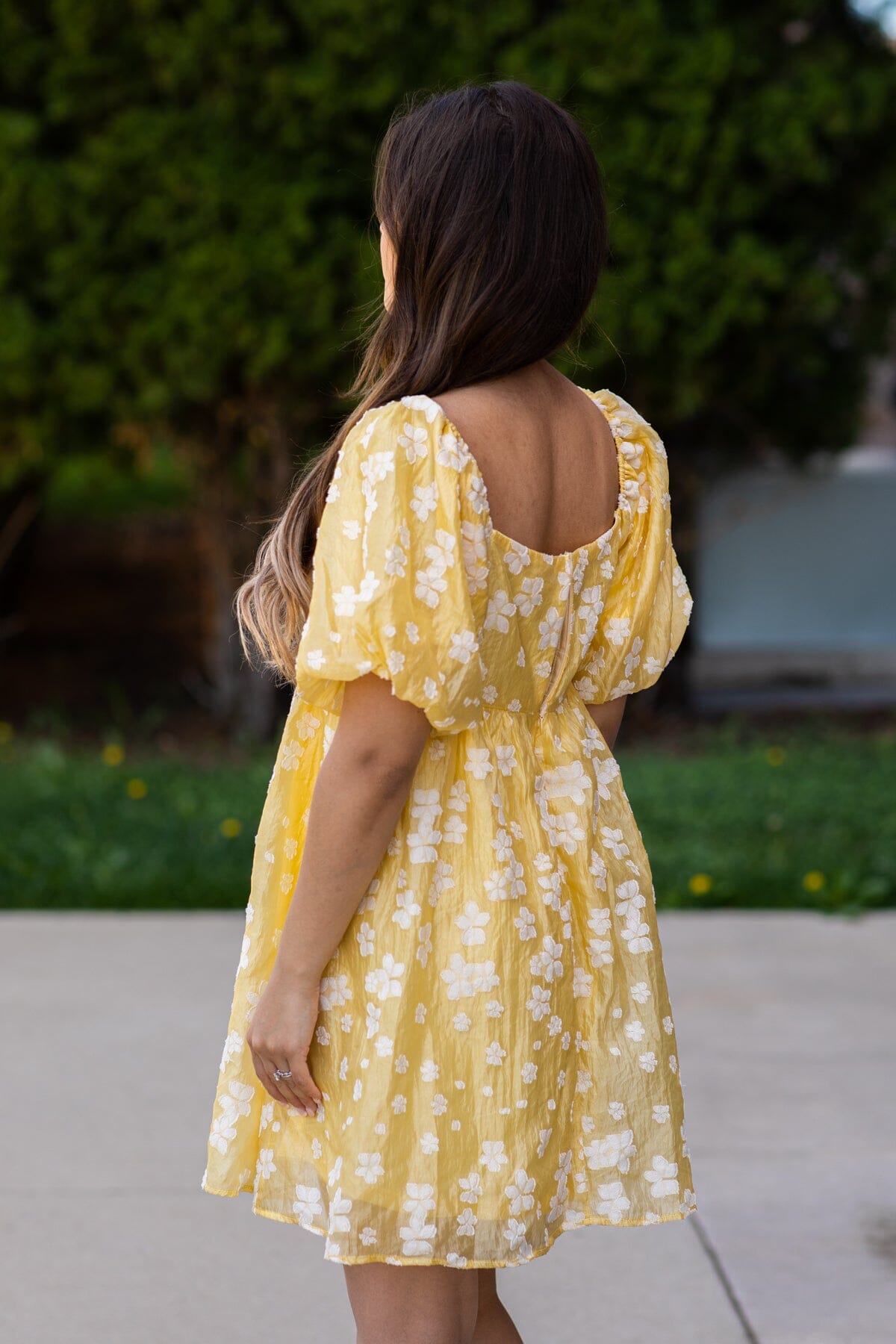Pastel Yellow Floral Puff Sleeve Dress