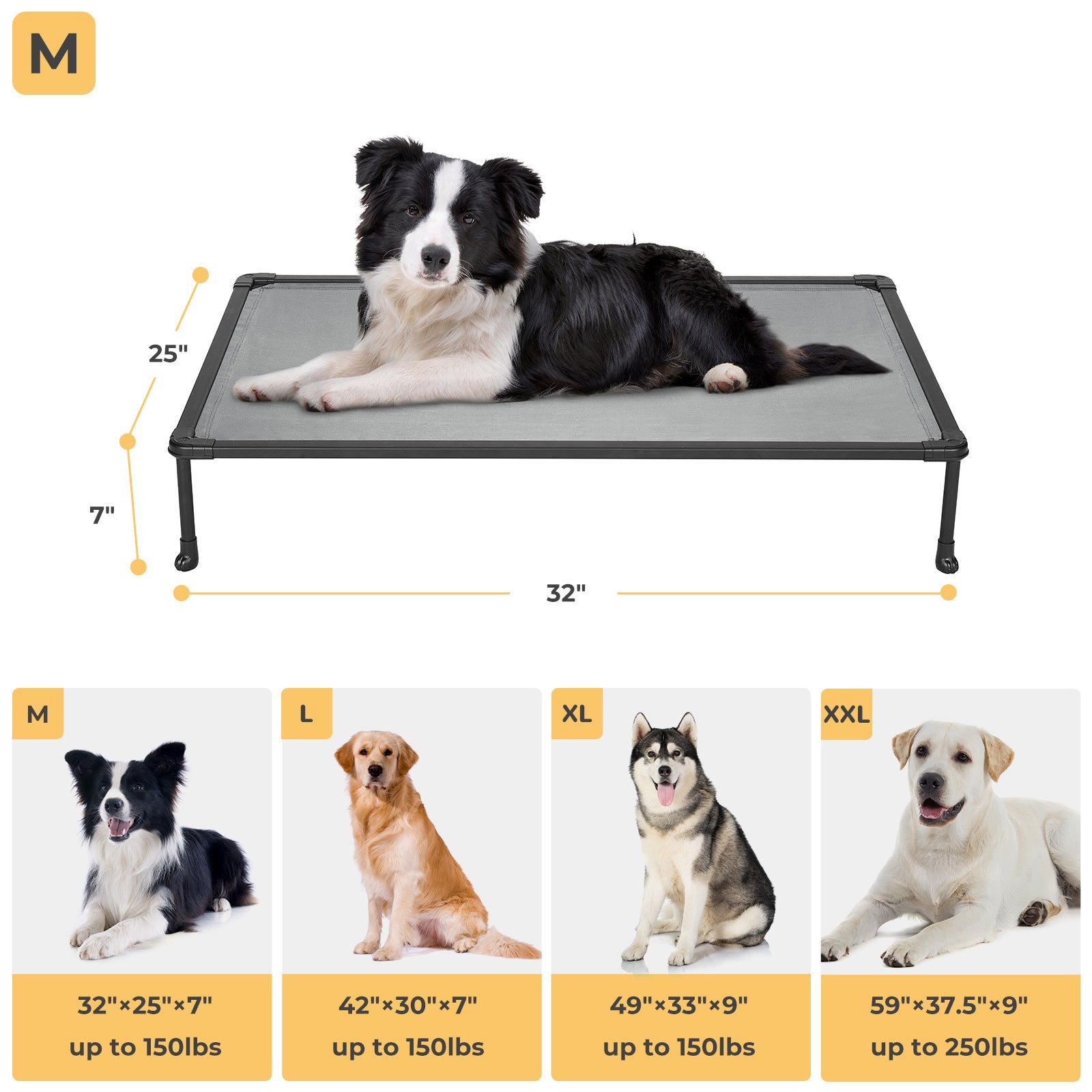 Veehoo Chewproof Dog Bed， Cooling Raised Dog Cots with Black Metal Frame， Medium， Silver Grey