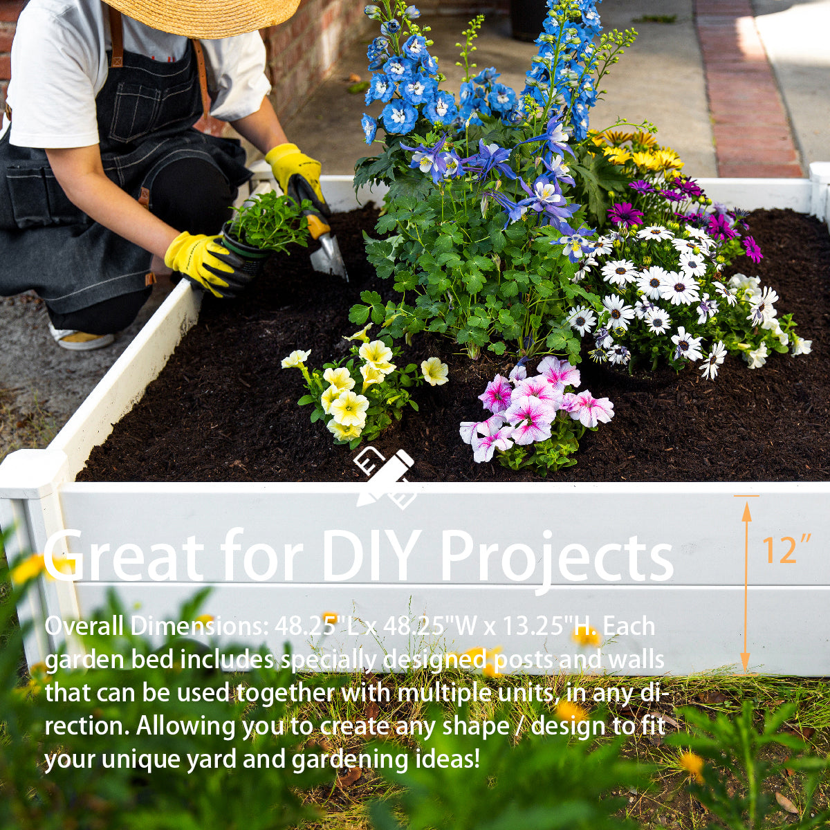 Barton 4' x 4' Raised Garden Bed Square Plant Box Planter Flower Vegetable HDPE, White