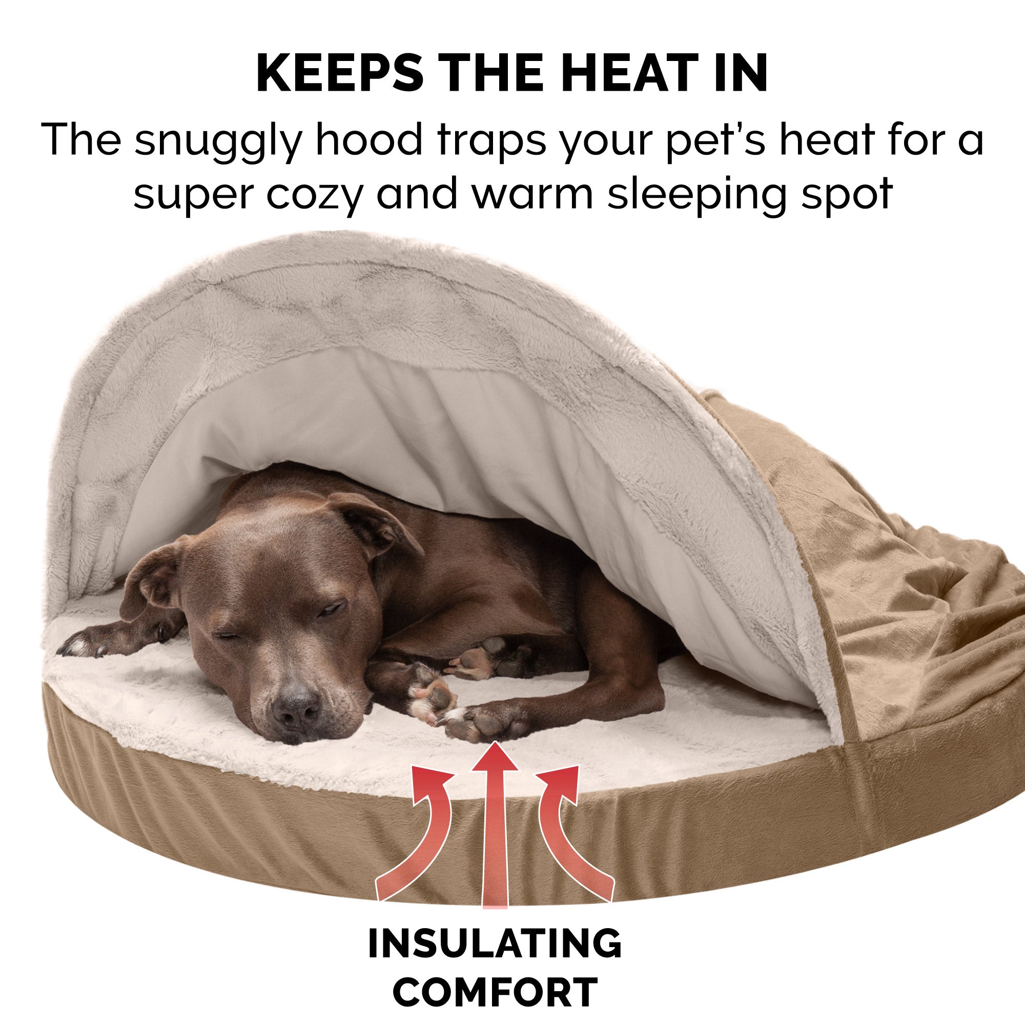 FurHaven Pet Dog Bed | Orthopedic Wave Fur and Velvet Snuggery Burrow Pet Bed for Dogs and Cats， Brownstone， 35