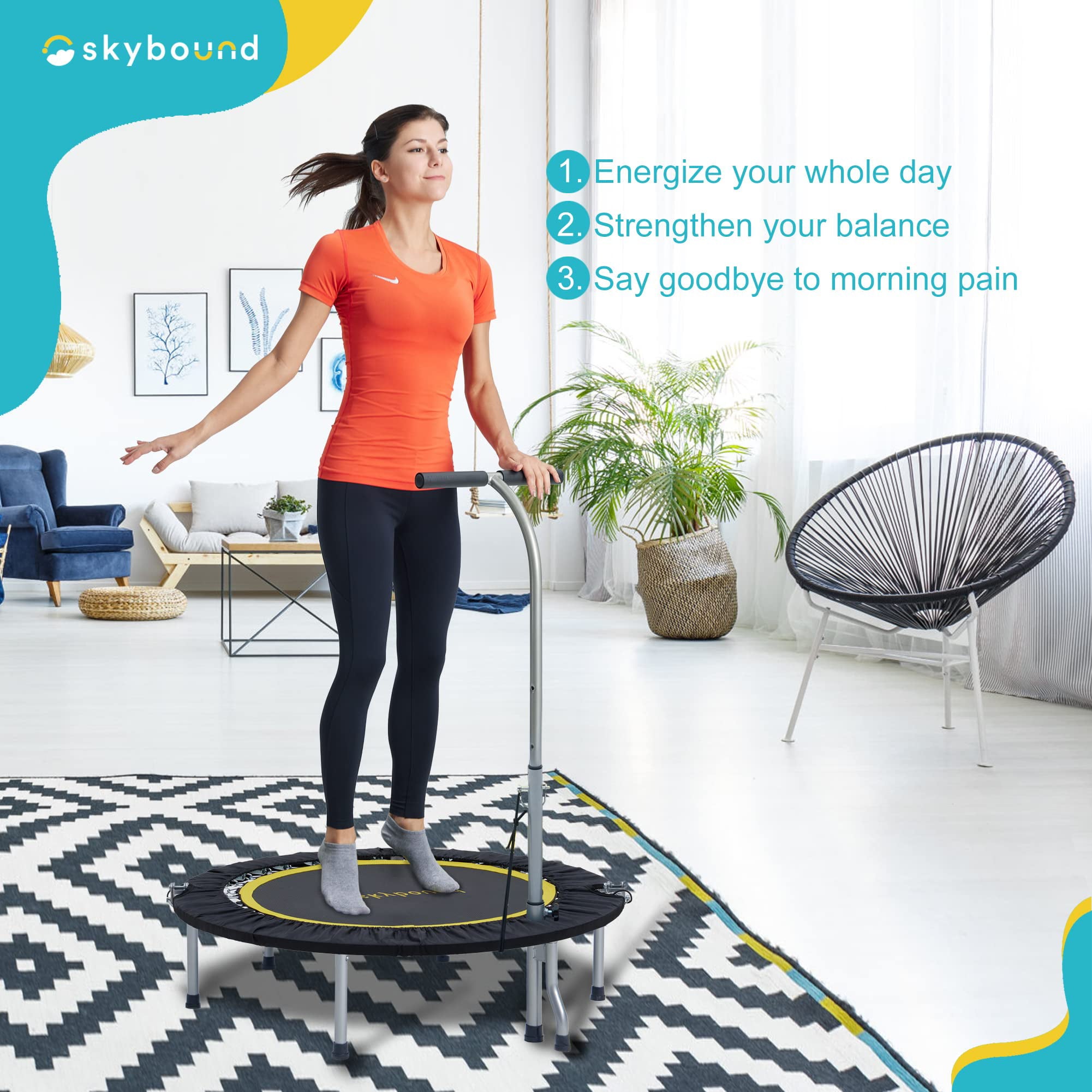 SkyBound Boogie Bounce Foldable Mini Trampoline 39 Inch， in-Home Cardio Fitness Rebounder with Adjustable T-Bar Handle，Exercise Trampoline for Adult， Fitness Trampoline for Workout Trainer