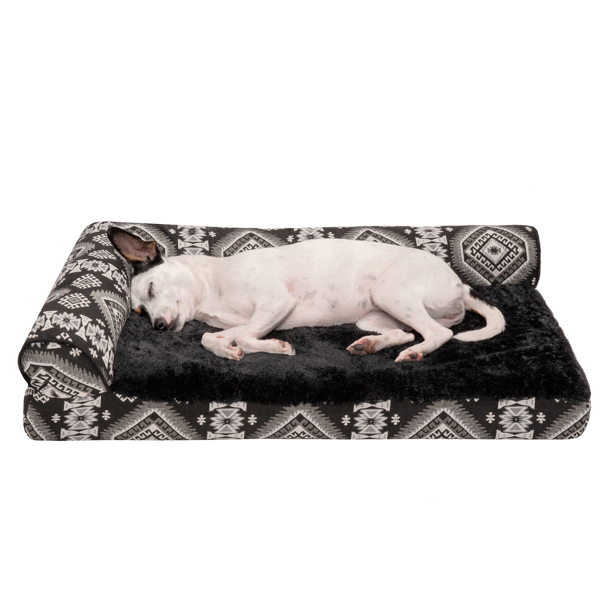 FurHaven | Deluxe Cooling Gel Southwest Kilim L-Chaise Lounge Pet Bed for Dogs and Cats， Black Medallion， Medium