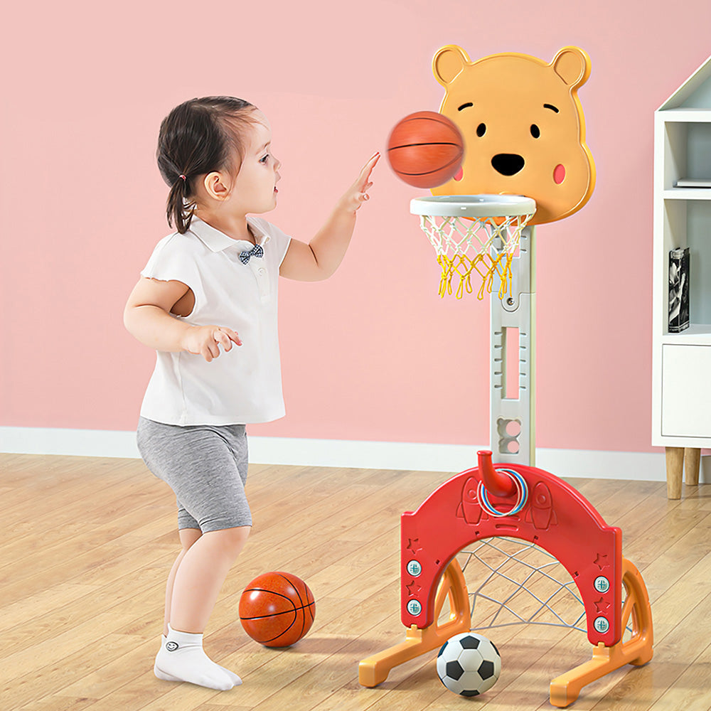 iYofe 3 in 1 Basketball Hoop Set for Kids， Adjustable Height Basketball Stand with Basketball/Ring Toss/Soccer， Toddler Sport Toy for Outdoor Indoor， Basketball System for Girls Birthday Gift， Red