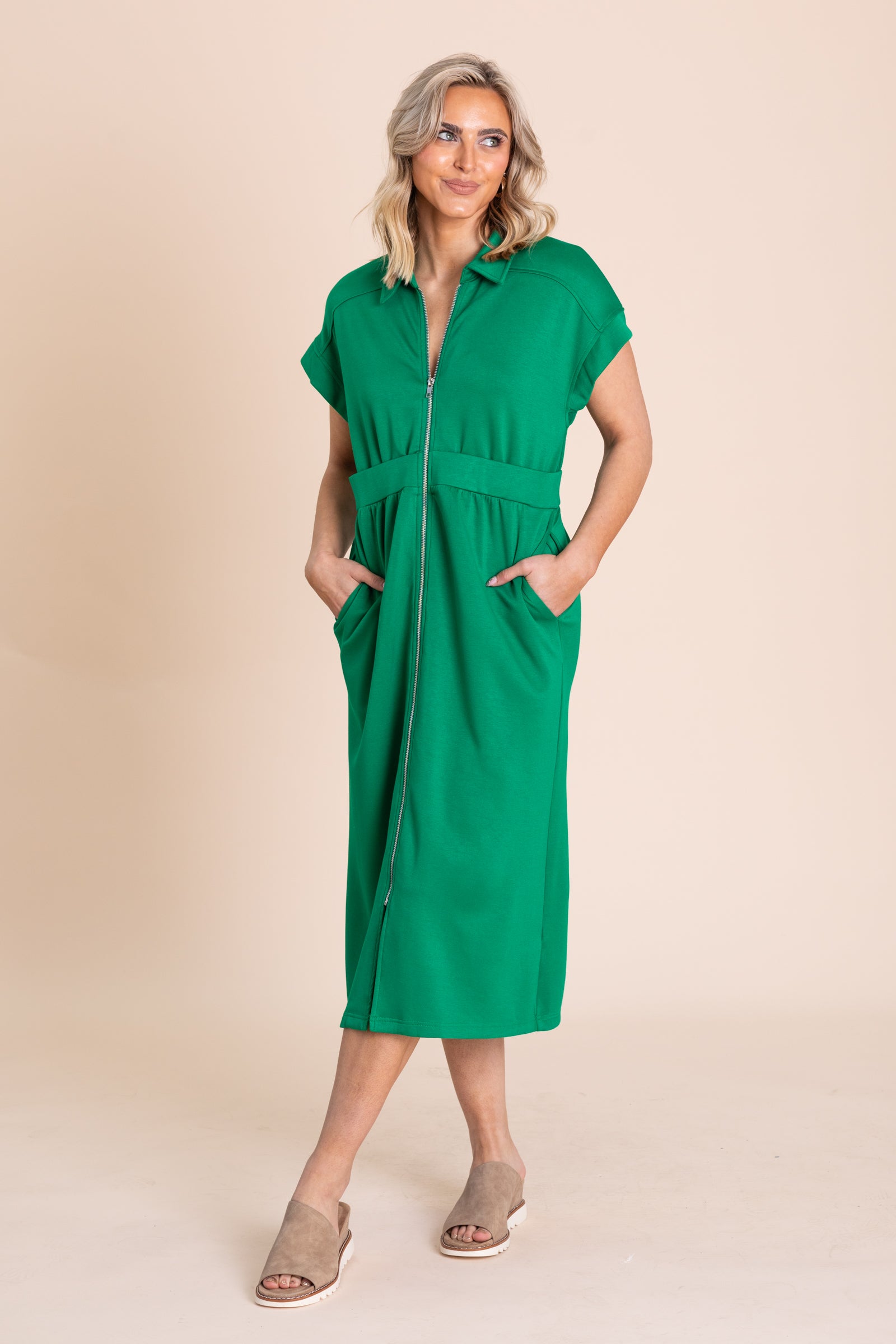 Jade Front Zip Up Midi Dress