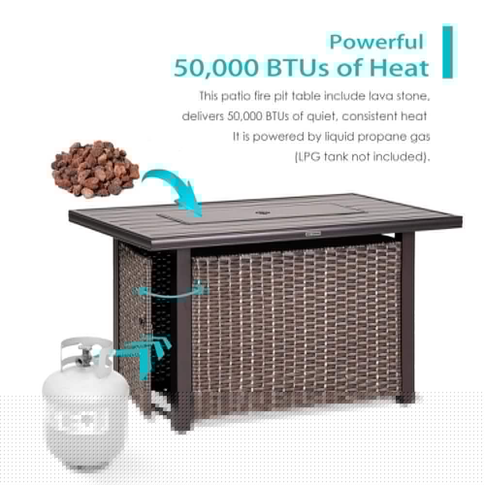 Nuu Garden 44 in Aluminum Wicker Propane Gas Fire Pit Table 50000 BTU Brown
