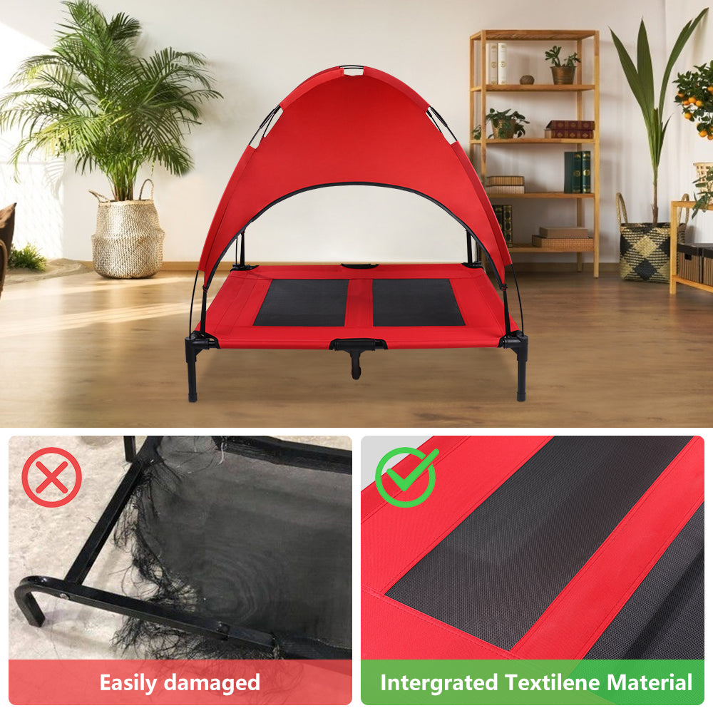 SMONTER Elevated Dog Bed with Canopy， Outdoor Pet Cot with Removable Canopy Shade， Portable Raised Dog Bed with Stable Frame and Breathable Mesh for Small， Medium， Large Dogs， Large， Red