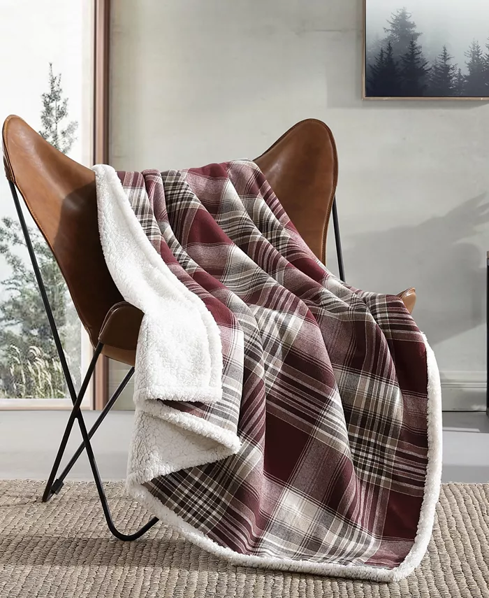 Eddie Bauer Twin Lakes Flannel Yarn Dye Sherpa Reversible Throw， 60