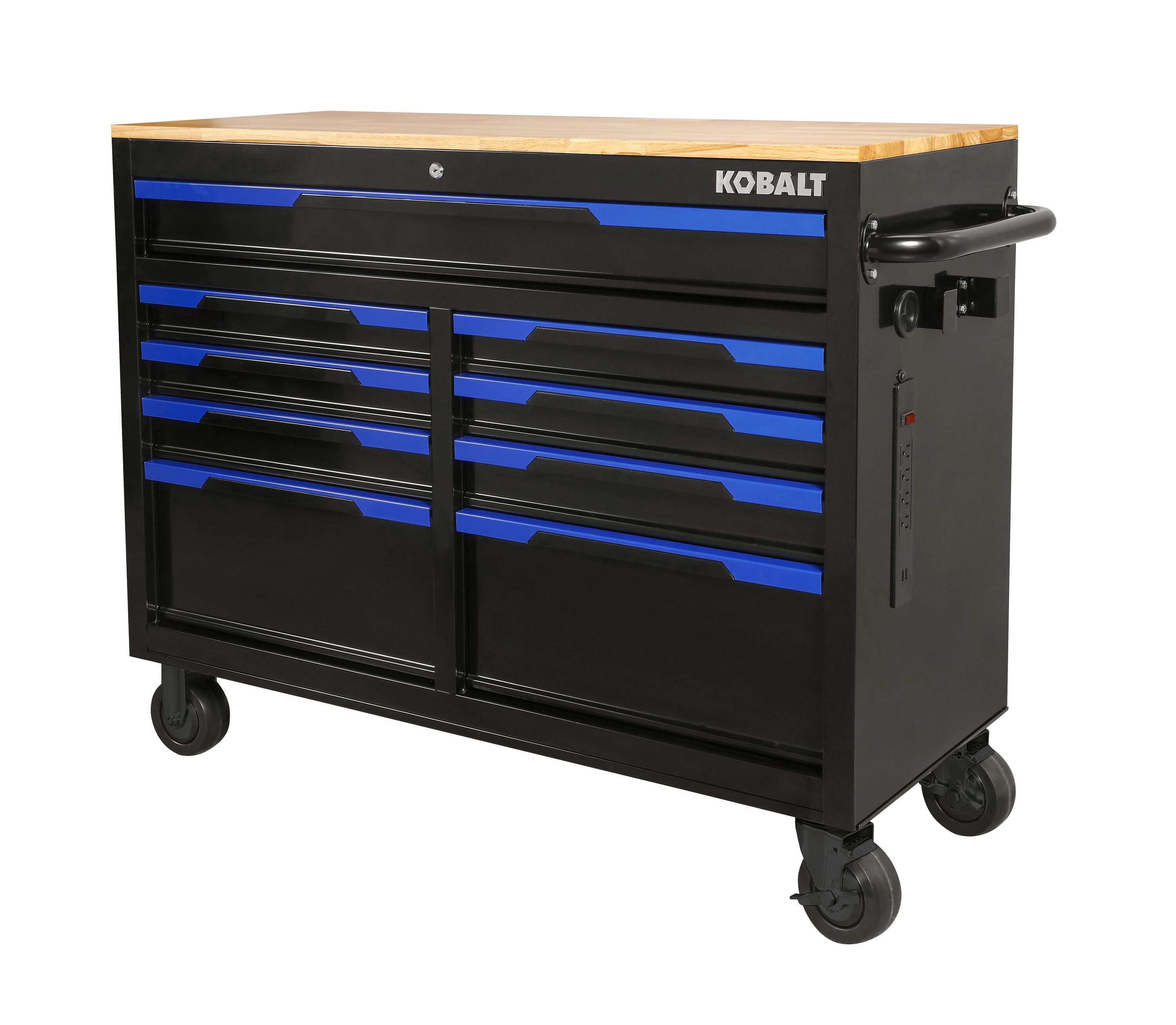 Bancada de trabalho Kobalt com 9 gavetas, 117 cm de comprimento x 94,5 cm de altura, em madeira preta/azul, com rodízios.