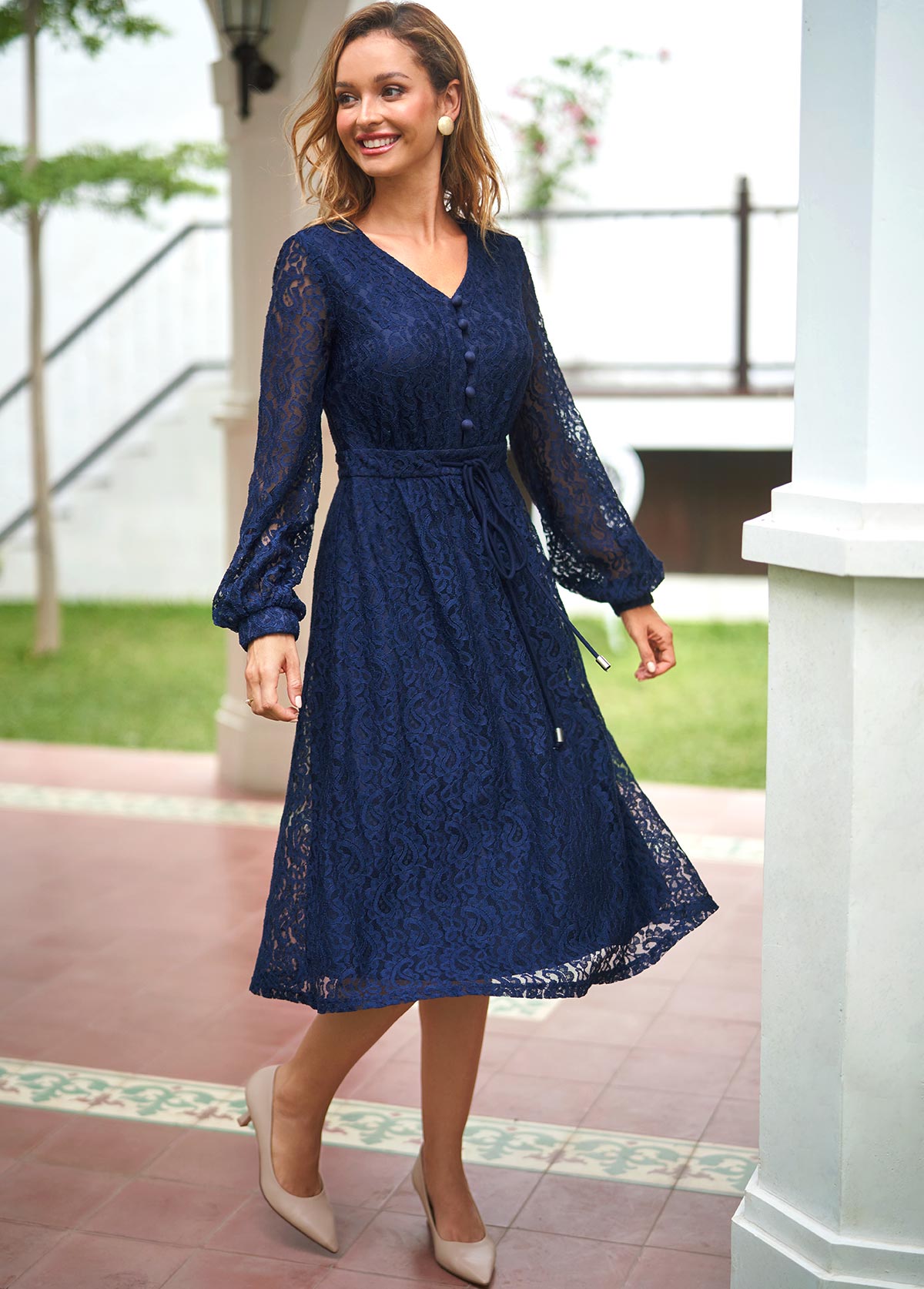 Paisley Lace Panel Navy Blue Drawstring Waist Dress