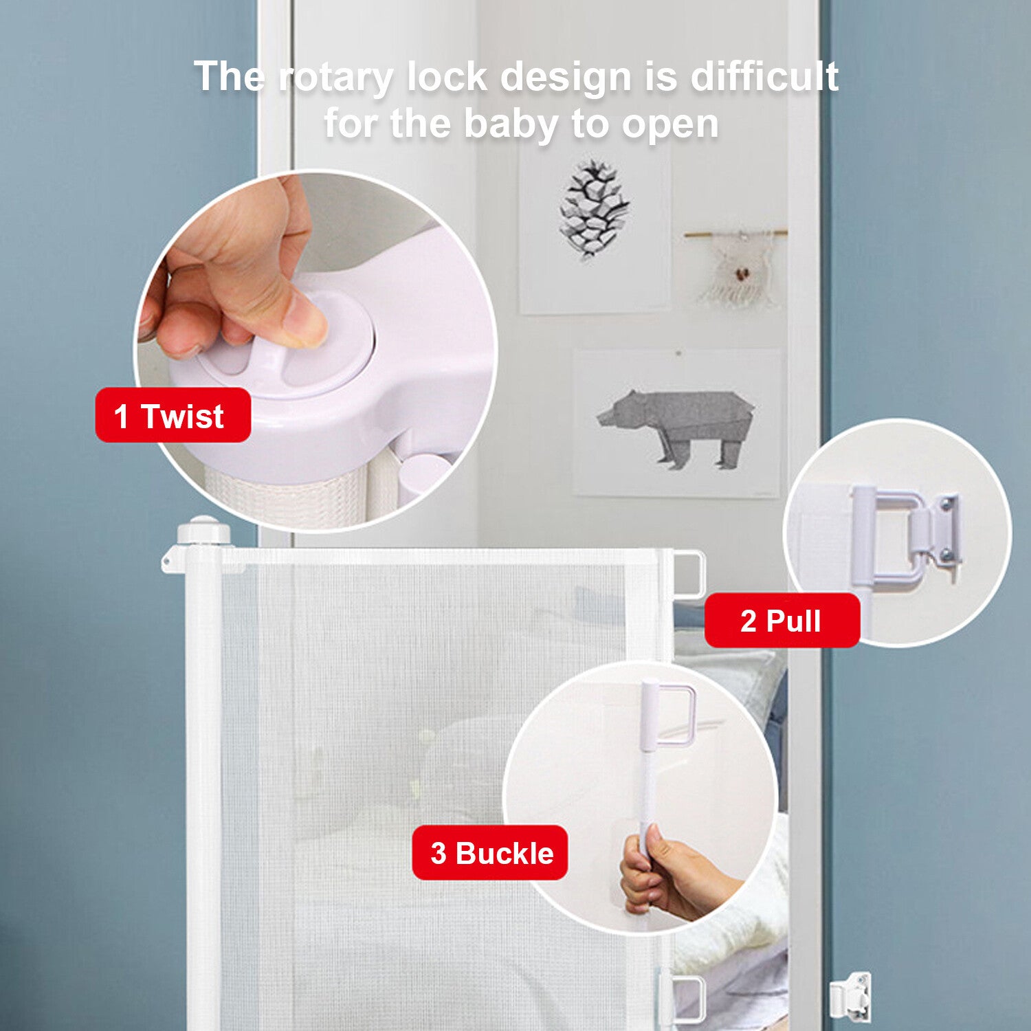 LINGJIA Baby Safety Gate Retractable Retractable Baby Gate Door Extra Wide Child Pet Dog Indoor/Outdoor Stairs Extra Wide 59in， Extra Tall 34 in， White