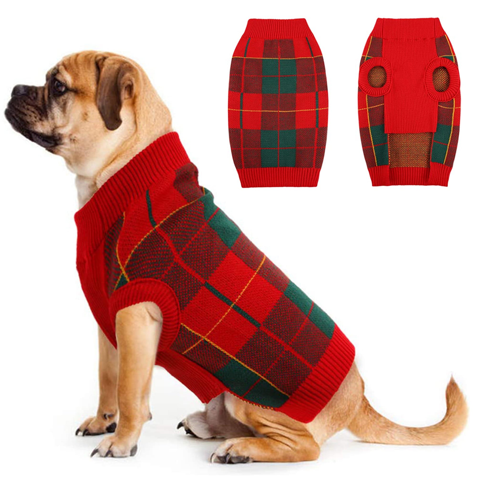 ROZKITCH Classic Plaid Dog Sweater， Puppy Festival Winter Warm Knit Vest， Pet Apparel Clothes， Red Green Plaid Xmas Knitwear Turtleneck Sweatshirts for Dogs Cats