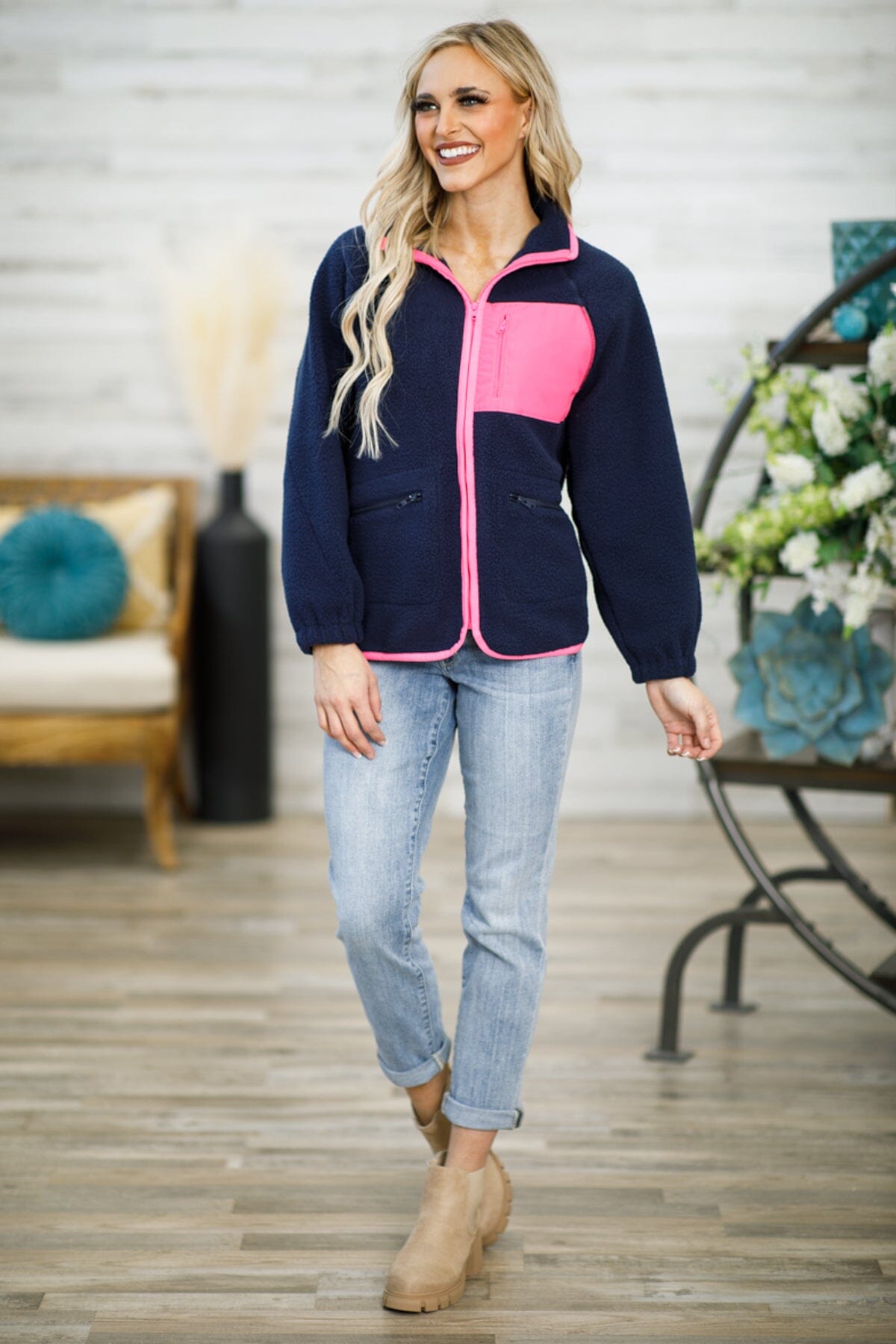 Navy and Hot Pink Full Zip Sherpa