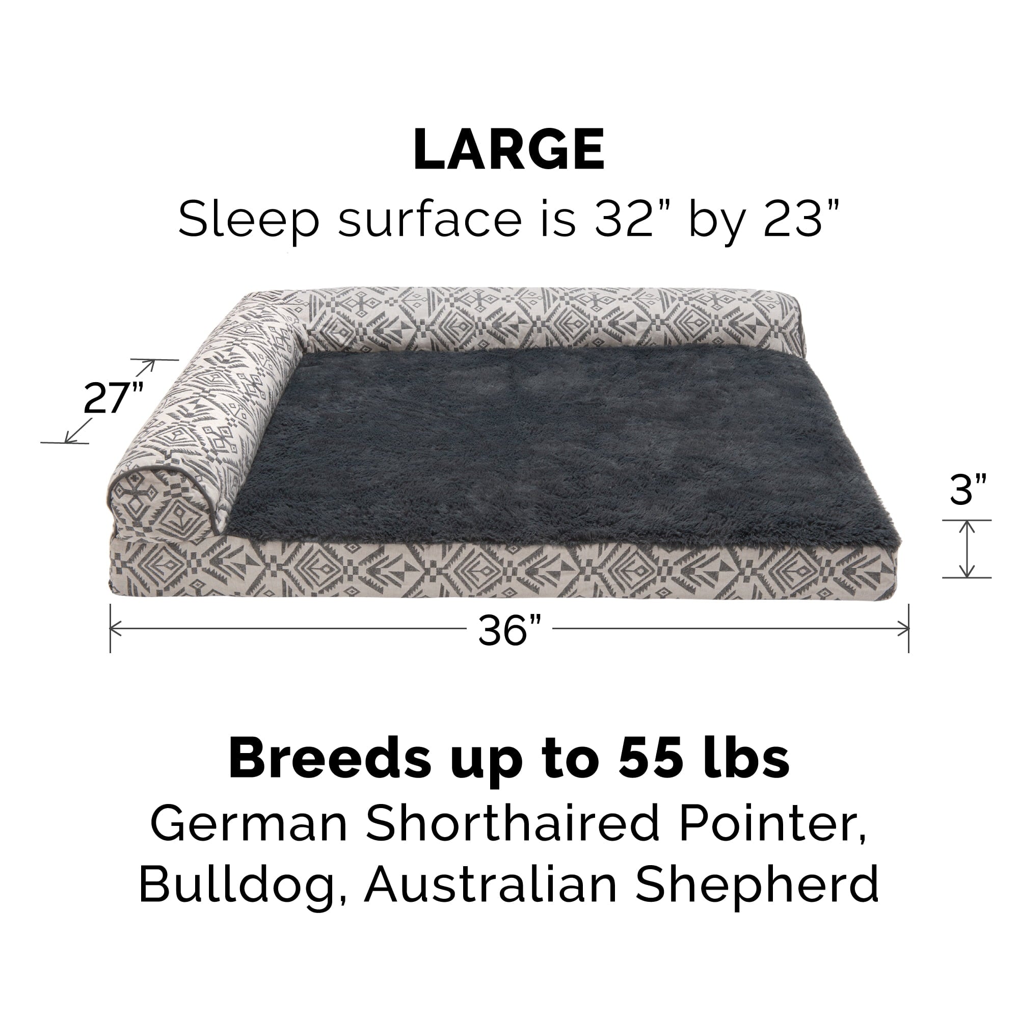 FurHaven Pet Dog Bed | Deluxe Memory Foam Southwest Kilim L-Shaped Chaise Couch Pet Bed for Dogs and Cats， Boulder Gray， Large