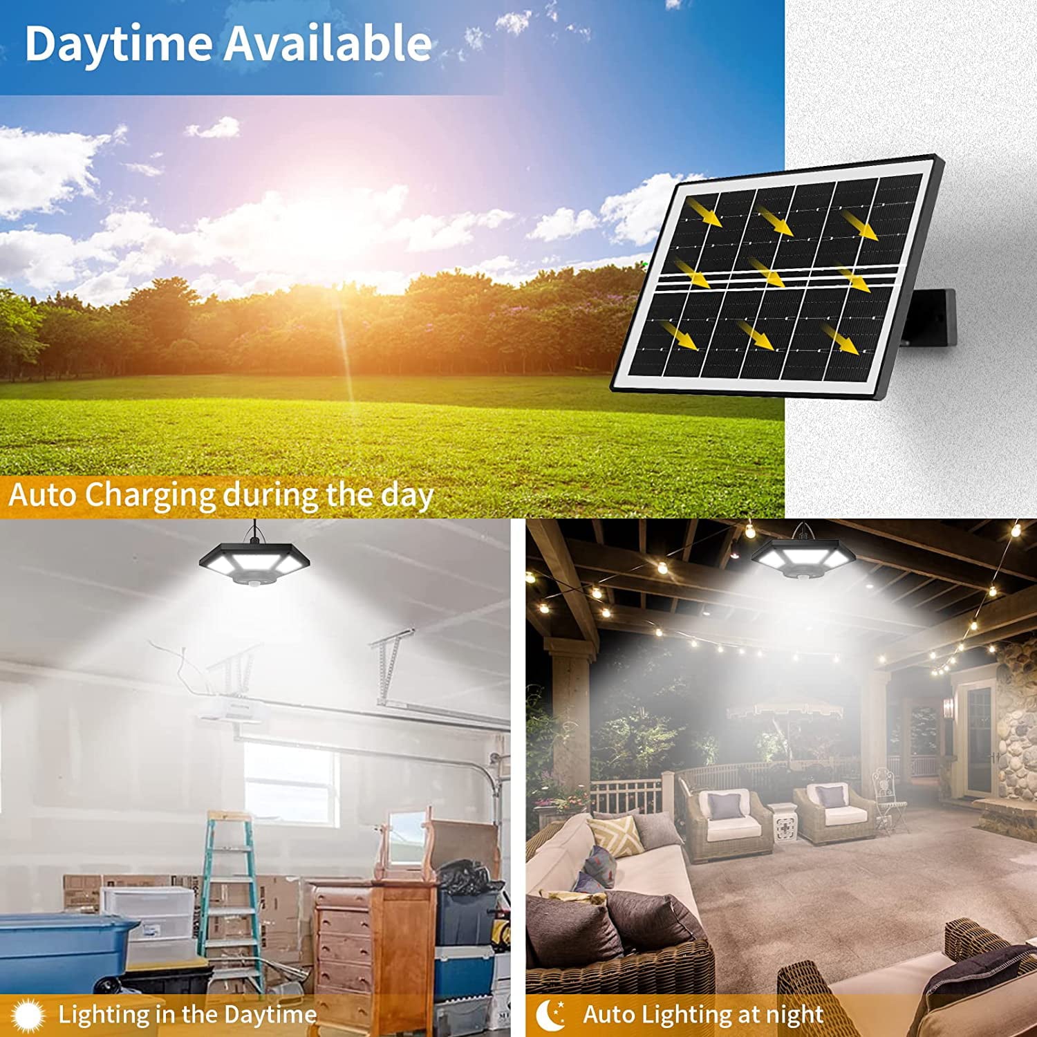 Solar Shed Light Indoor Outdoor Auzev 180LED Dual Head Solar Powered Pandent Daytime Work Lights with 5 Lighting Modes and 3 Timers， Solar Indoor Lights Motion Sensor with Remote 1 Pack
