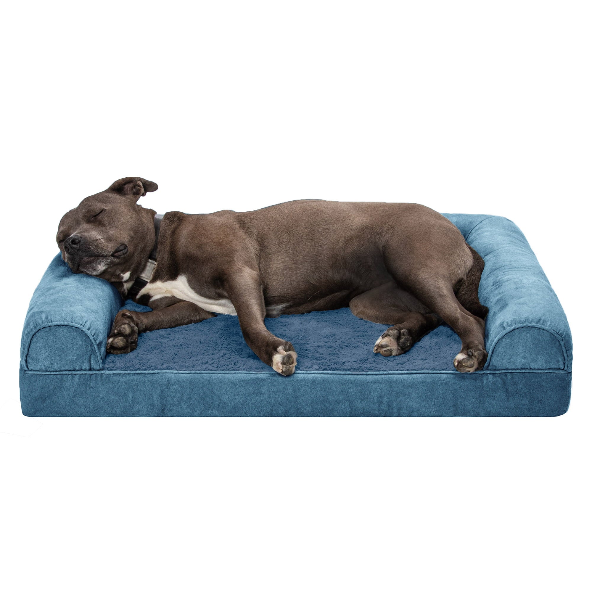 FurHaven | Orthopedic Faux Fur and Velvet Sofa Pet Bed for Dogs and Cats， Harbor Blue， Large