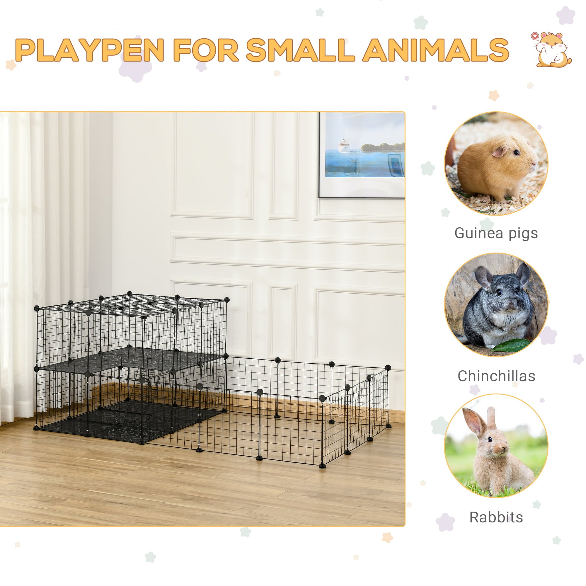 PawHut Pet Playpen with Door， Guinea Pigs Mesh Cage for Small Animal， Black