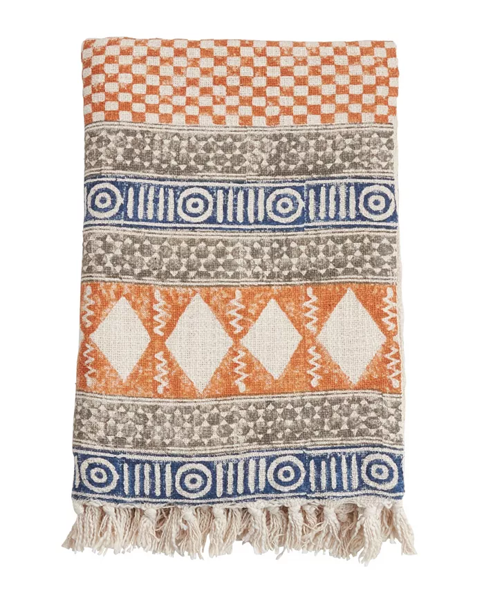 Saro Lifestyle Throw Blanket with Block Print Design， 70