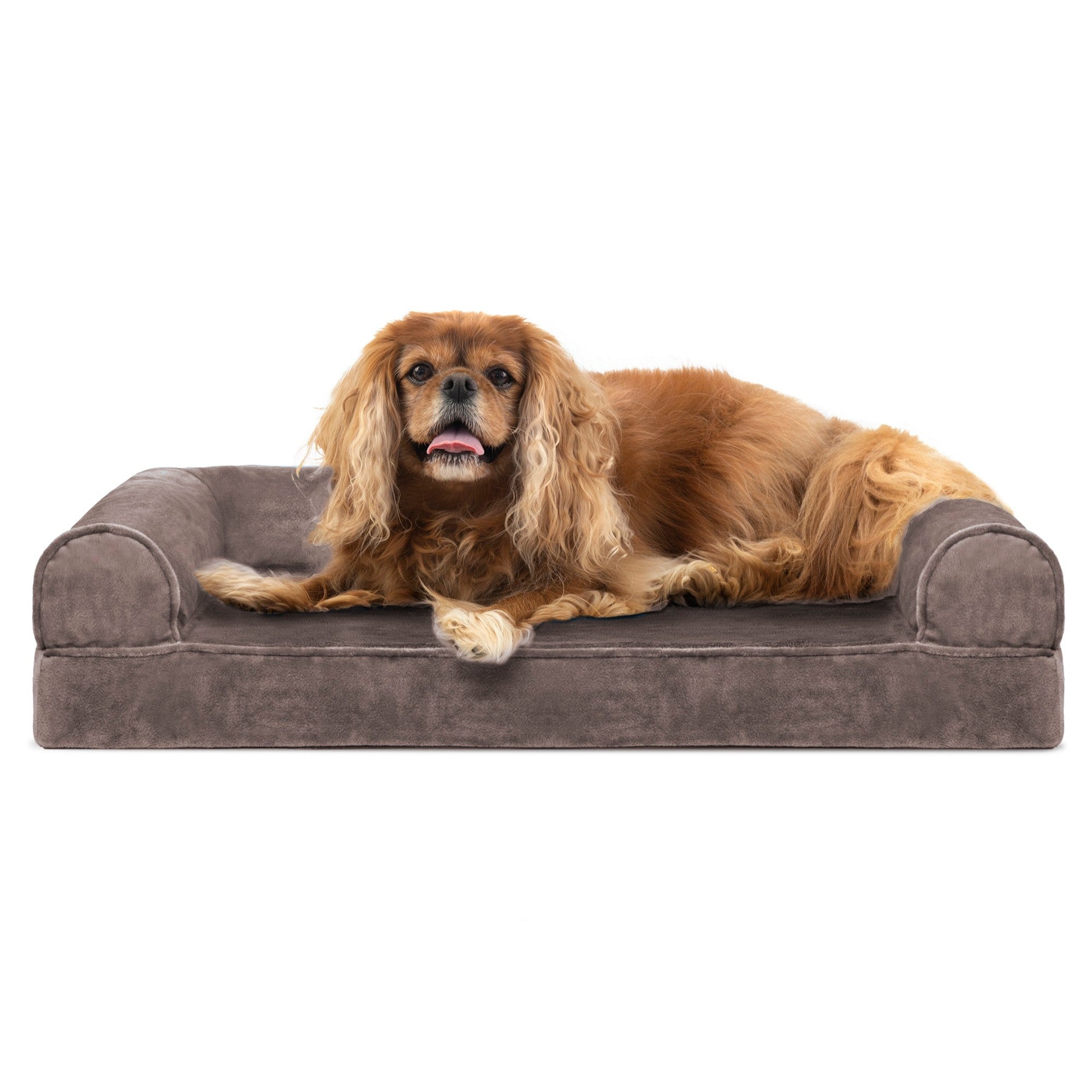 FurHaven Pet Dog Bed | Cooling Gel Memory Foam Orthopedic Faux Fur and Velvet Sofa-Style Couch Pet Bed for Dogs and Cats， Driftwood Brown， Medium