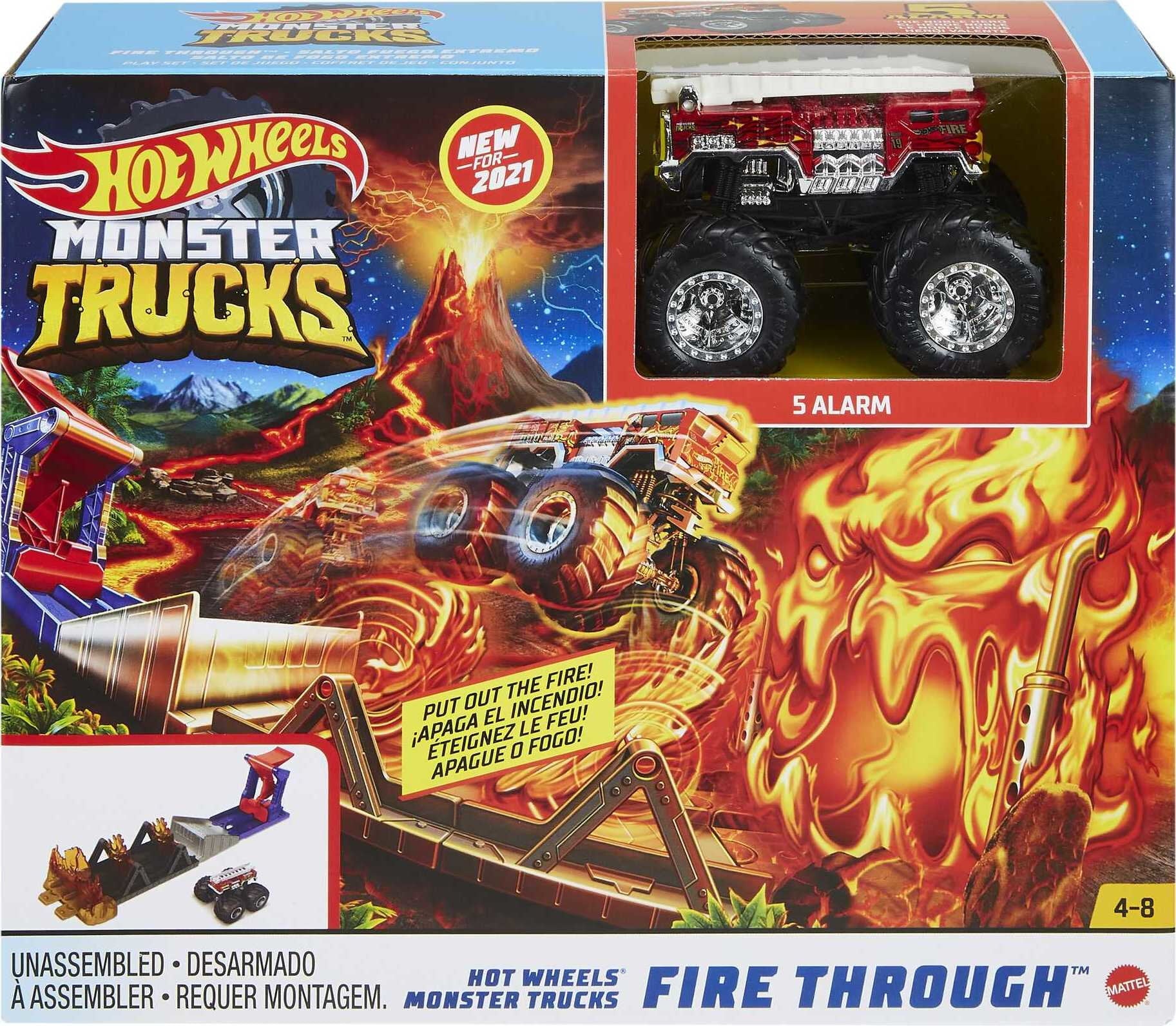 Hot Wheels Monster Trucks Fire Through Playset with 1:64 Scale 5-Alarm Toy Truck and Launcher
