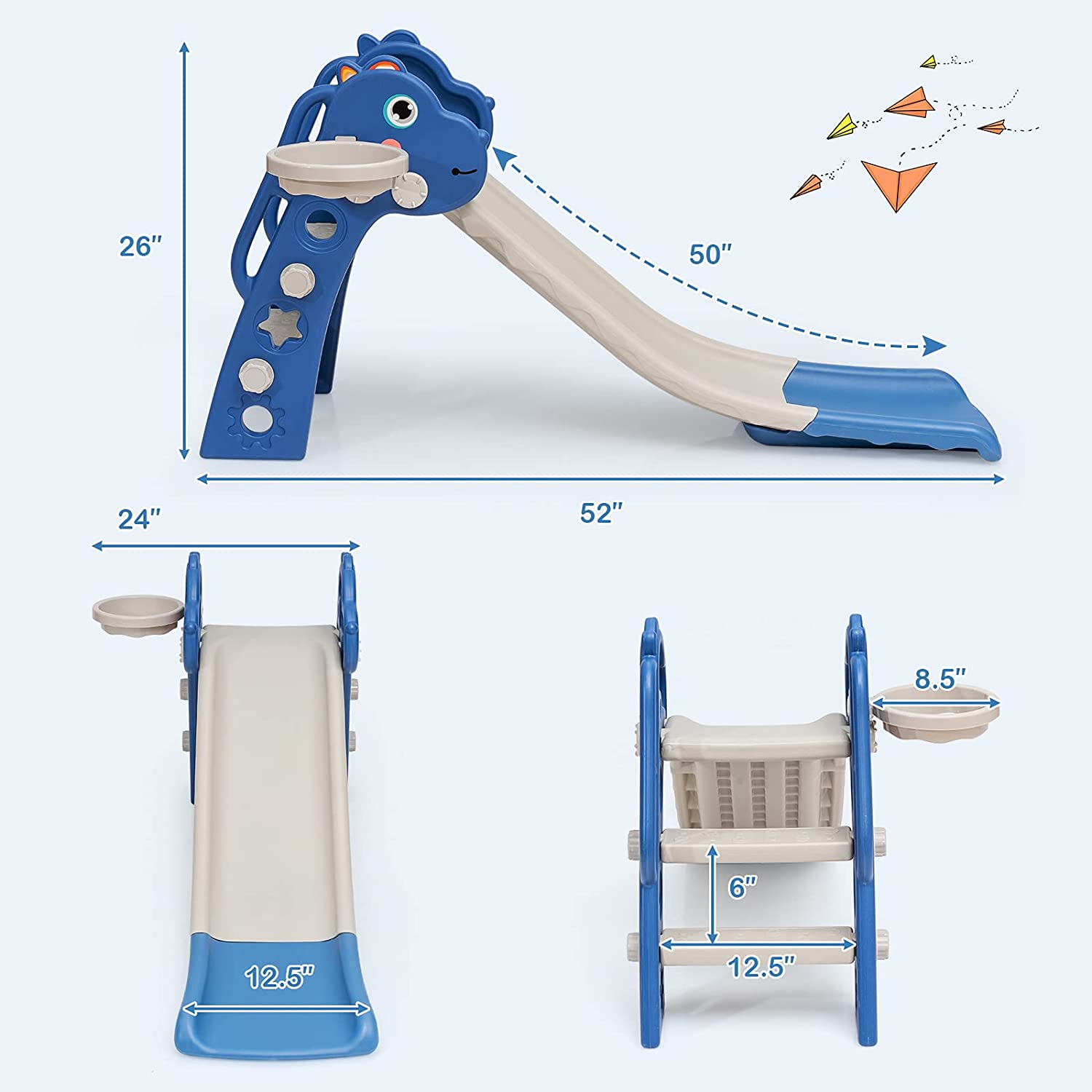 3 in 1 Slide for Kids， Toddler Slide Climber Set for Indoor Outdoor， Freestanding Baby Game Slide with Extra Long Slipping Slope， Basketball Hoop and Ball for Boys and Girls (Blue)