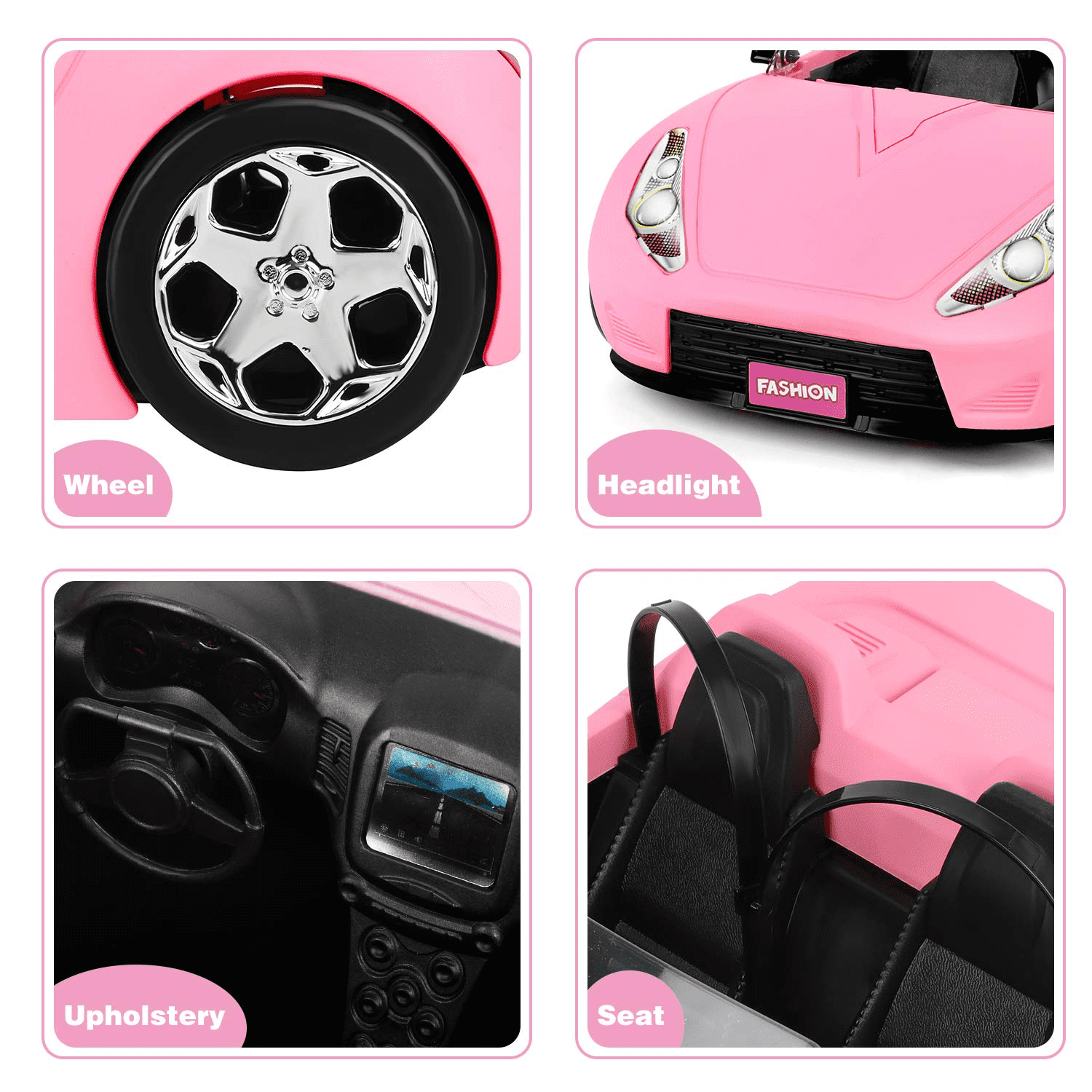 SUPER JOY Convertible Car， Pink Convertible Doll Vehicle with Working Seat Belts Dolls Toy Car for Dolls Accessories Set Great Gift for Girls