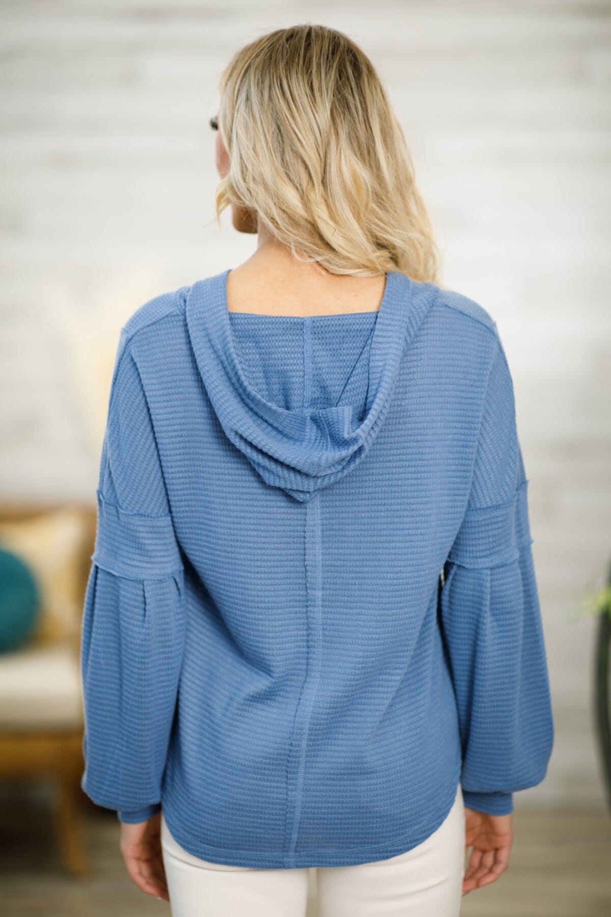 Cornflower Waffle Knit Hooded Top With Pocket