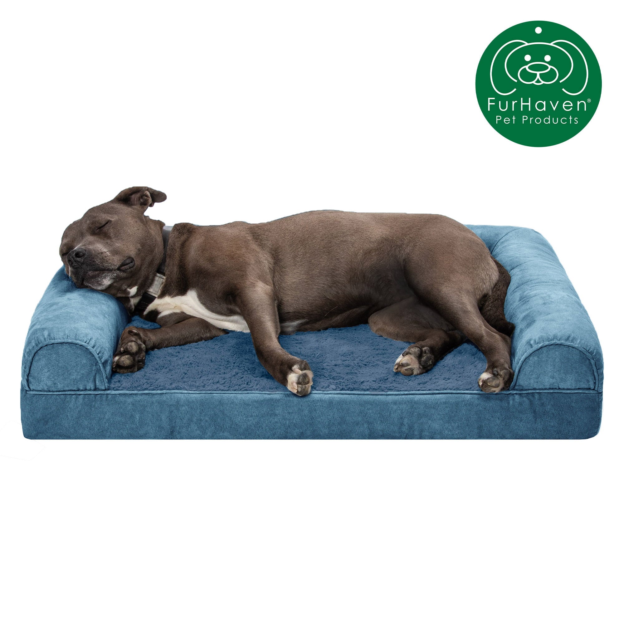 FurHaven | Orthopedic Faux Fur and Velvet Sofa Pet Bed for Dogs and Cats， Harbor Blue， Large