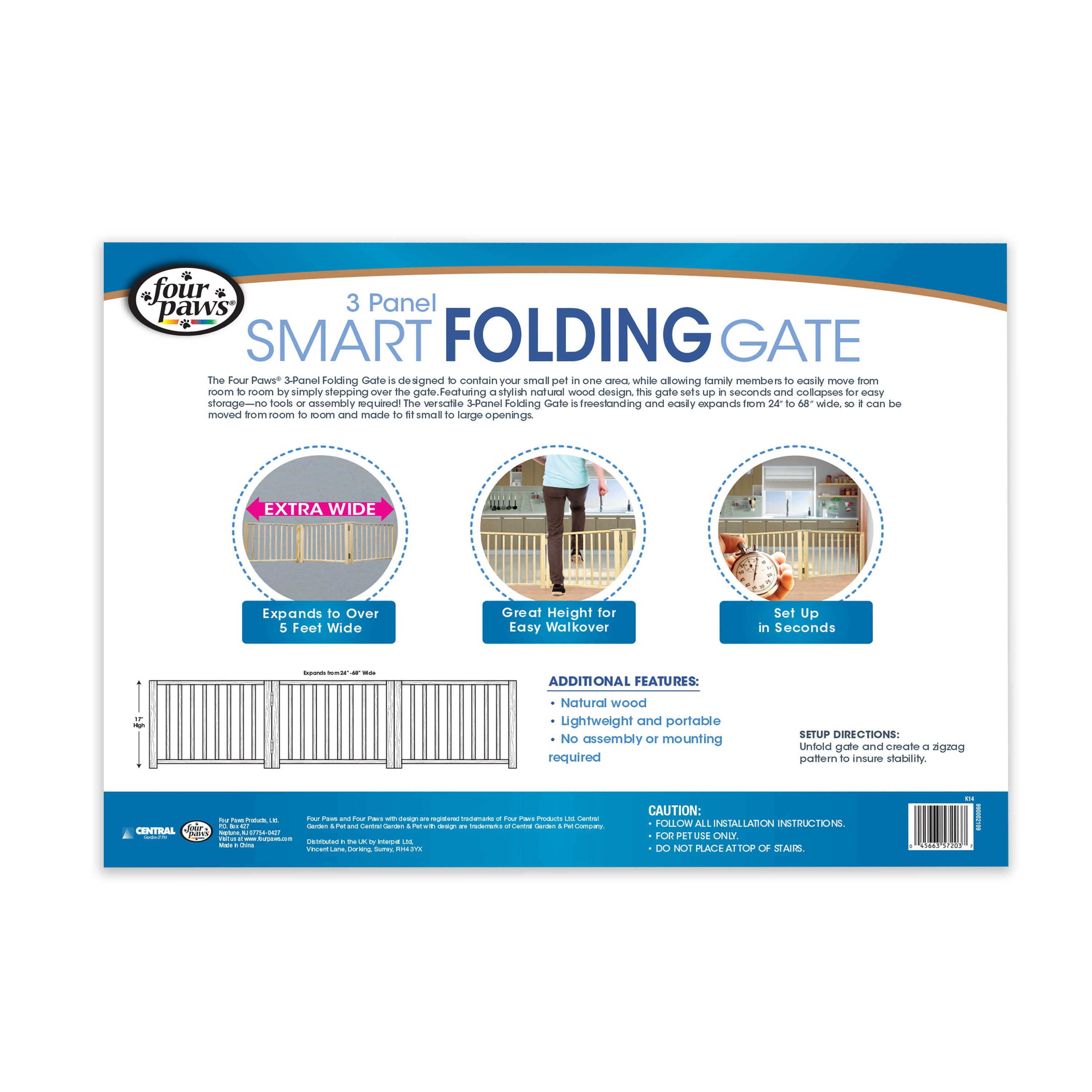 Four Paws Expandable Dog Gate， Wood Gate for Dogs， 3-Panel 24-68