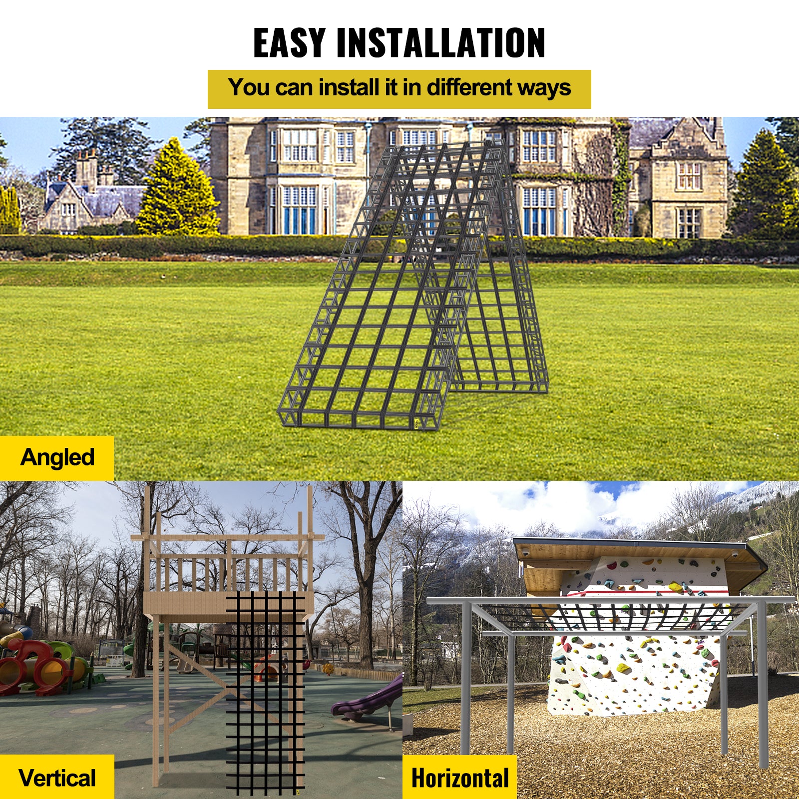 VEVOR Climbing Cargo Net， 12' x 4' Playground Climbing Net， Polyester Material， Rope Ladder， Swingset， Large Military Climbing Cargo Net for Kids and Adult， Indoor and Outdoor， Treehouse， Jungle Gyms