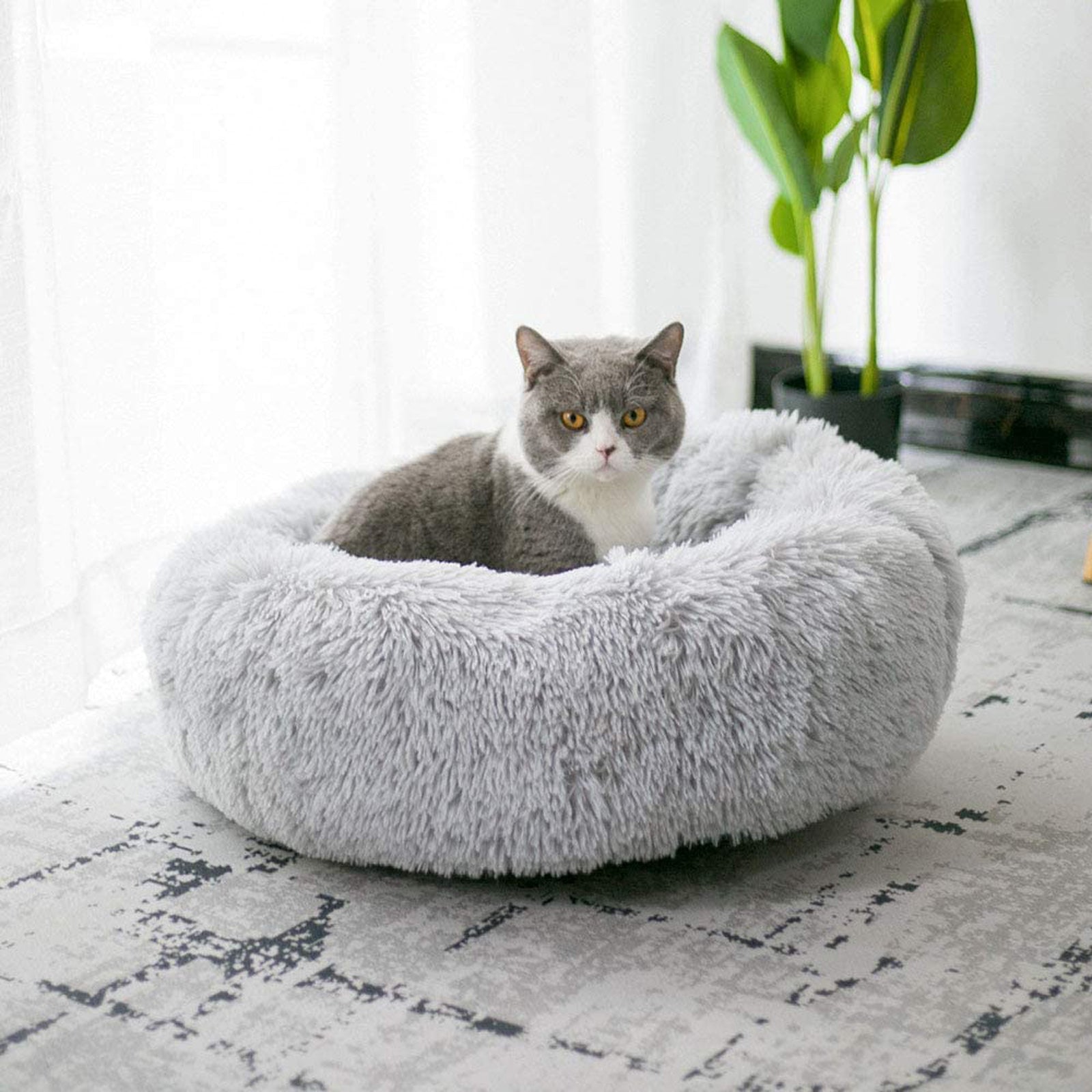 Dog Cat Donut Plush Pet Beds Cozy Round Washable Mattress Gray M