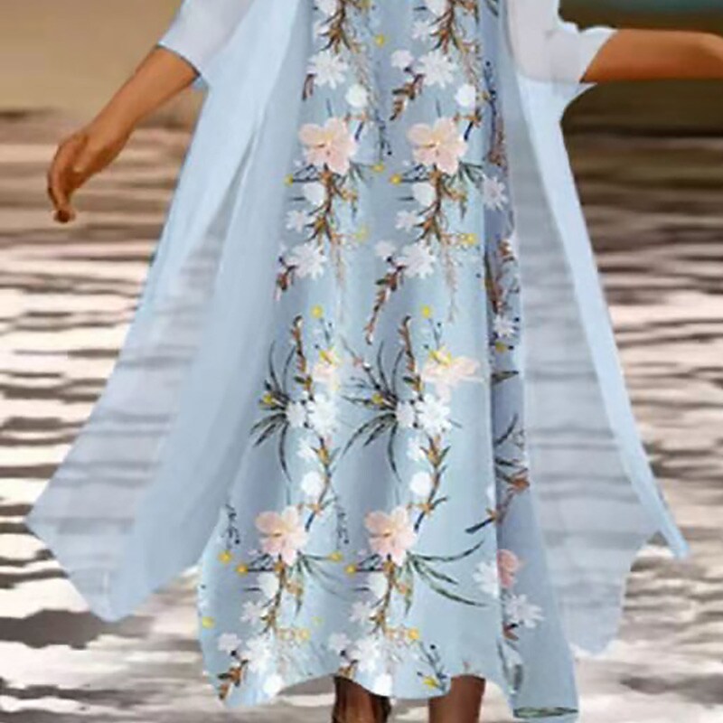 Women‘s A Line Dress Midi Dress Light Green Light Blue 3/4 Length Sleeve Fall Floral Print Fall Spring Round Neck Elegant Casual 2022 S M L XL XXL 3XL