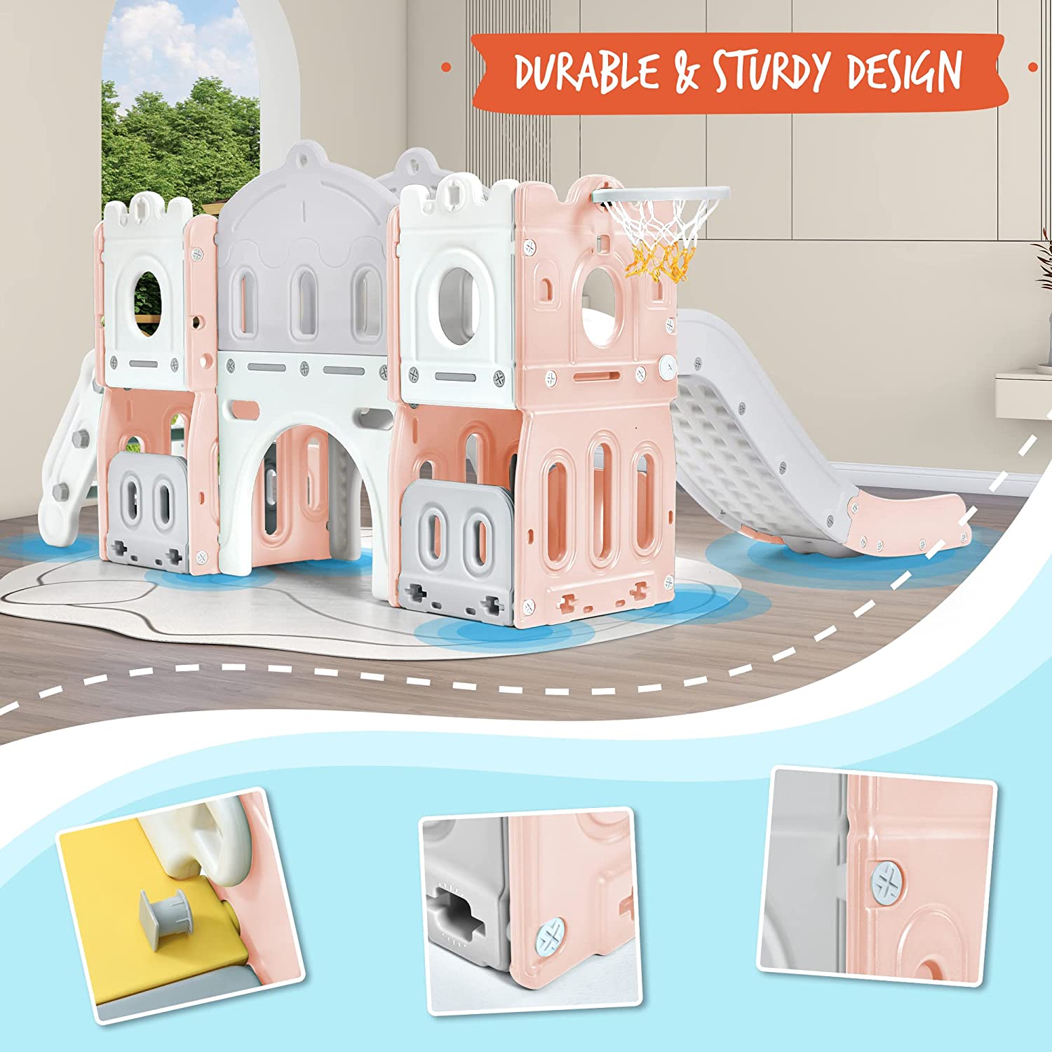 Track 7 Kids Slide 6-in-1，Kids Playground Slide with Climber，Basketball Hoop，Tunnel and Storage Space，Outdoor Indoor Slide Playset for Toddlers Age 1+，Pink