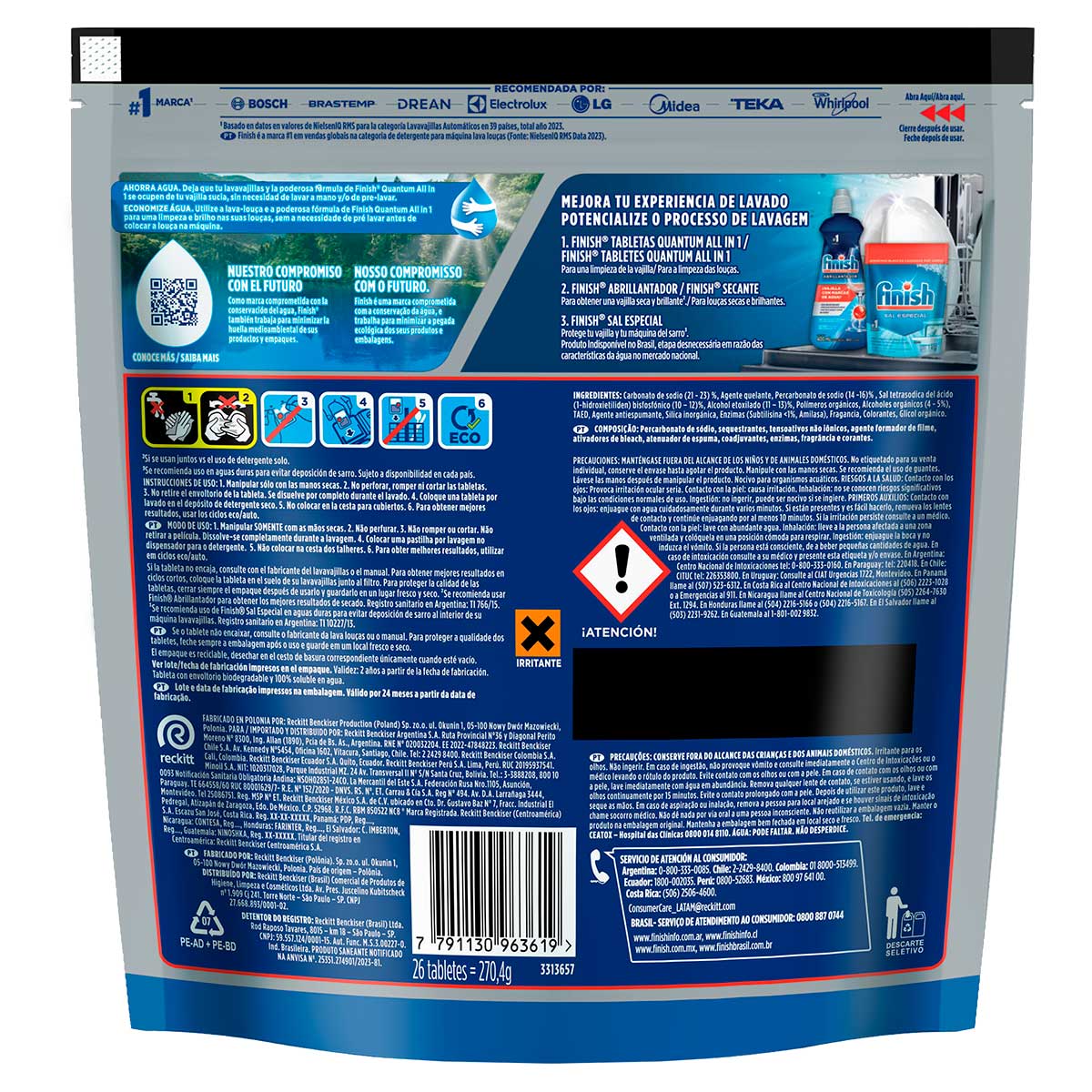 Detergente Tablete para Maquina de Lavar Loucas Finish Powerball Quantum All In 1 270,4g 26 Unidades
