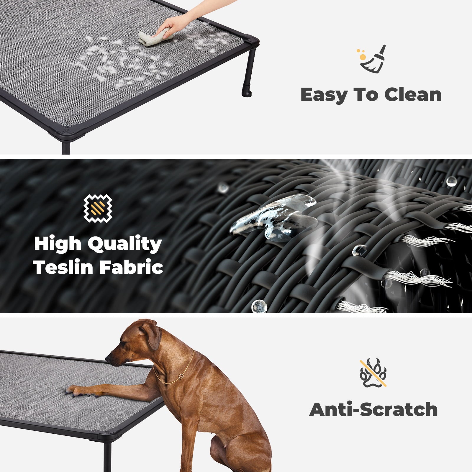 Veehoo Chewproof Dog Bed， Cooling Raised Dog Cots with Black Metal Frame， Large， Black Silver