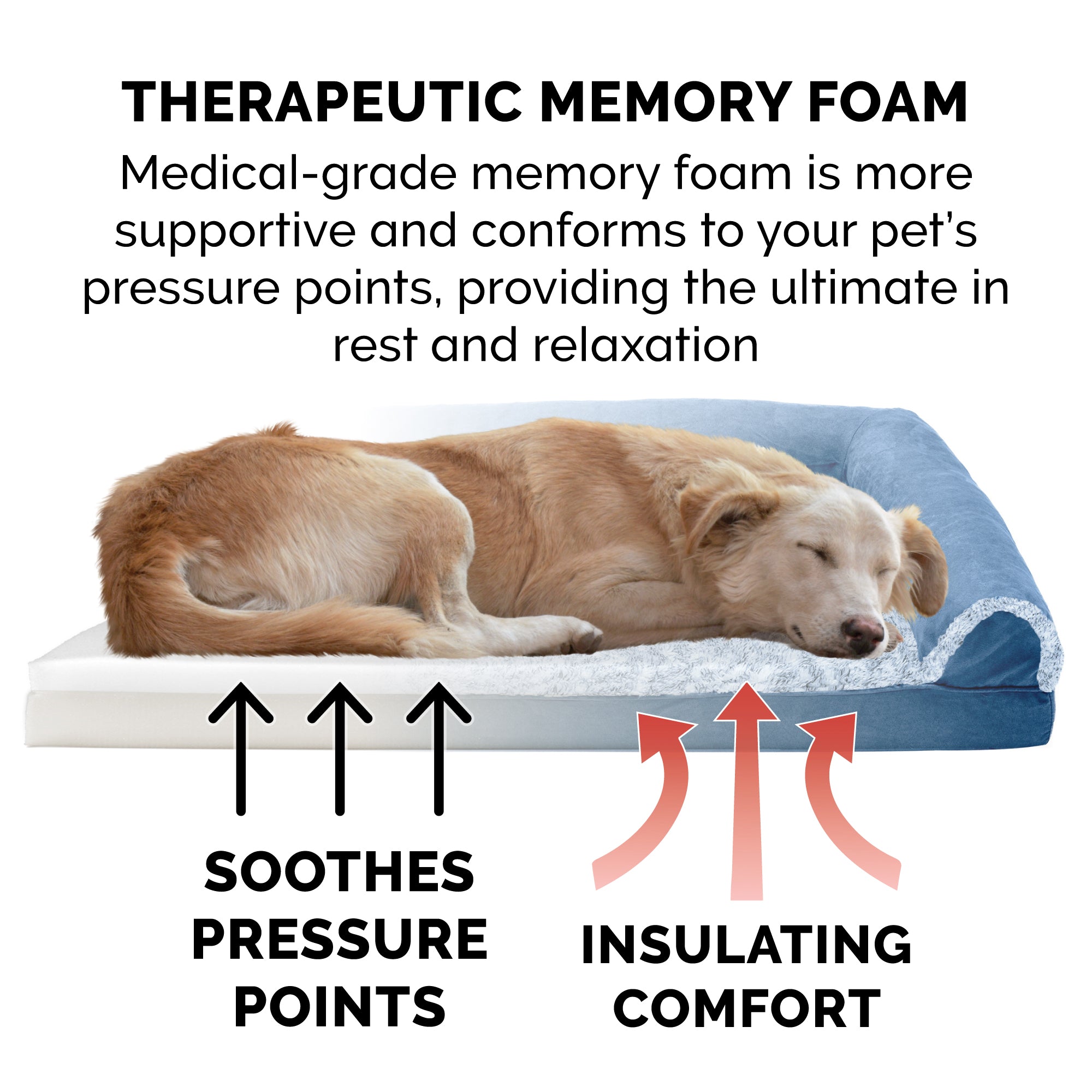 FurHaven Pet Products | Memory Foam Two-Tone Faux Fur and Suede Sofa-Style Couch Pet Bed for Dogs and Cats， Marine Blue， Jumbo