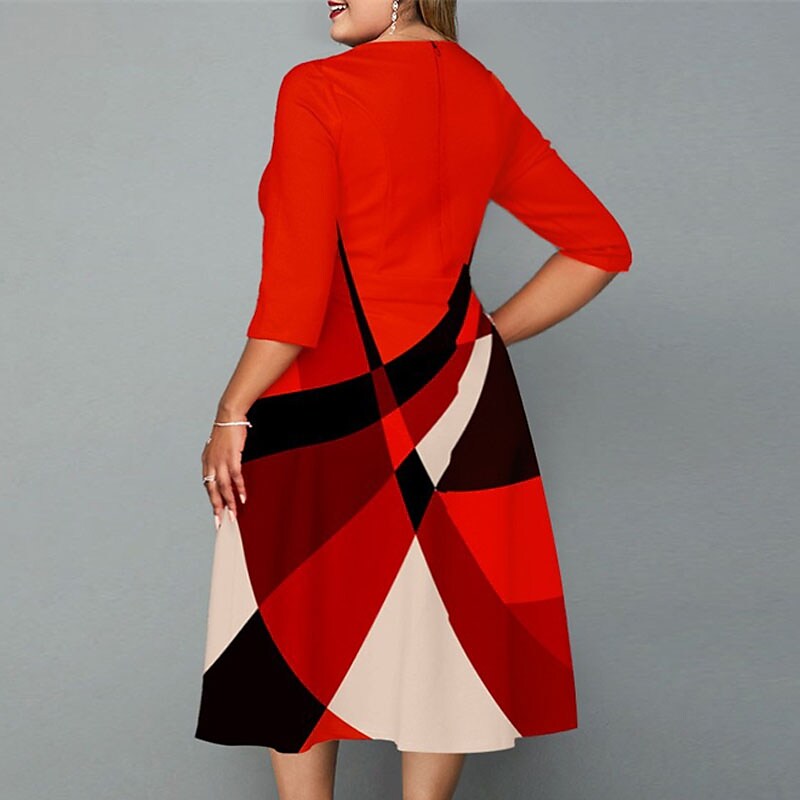 Women's Plus Size Work Dress Color Block Round Neck Dress
