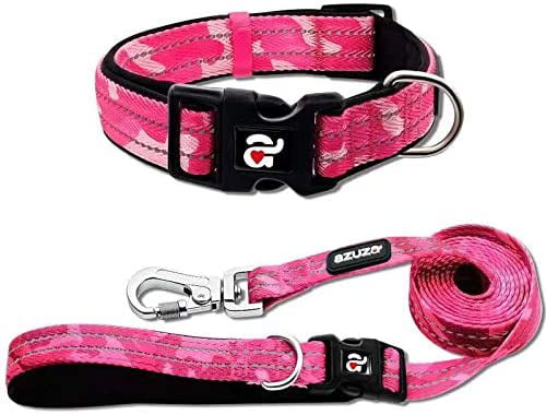 azuza Reflective Dog Collar and Leash Set Padded Collar with Matching Clip Handle Leash
