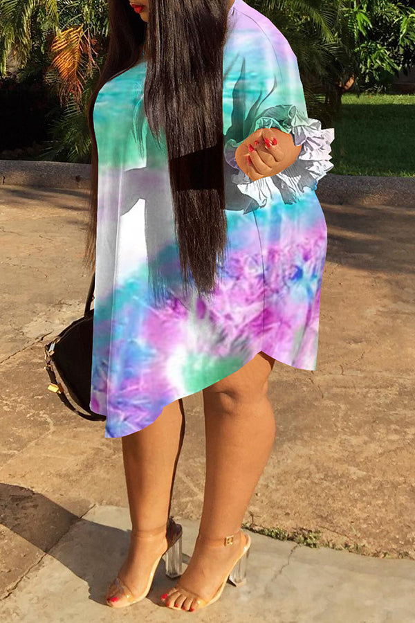 Plus Size Tie Dye Half Ruffle Sleeve Midi Dress