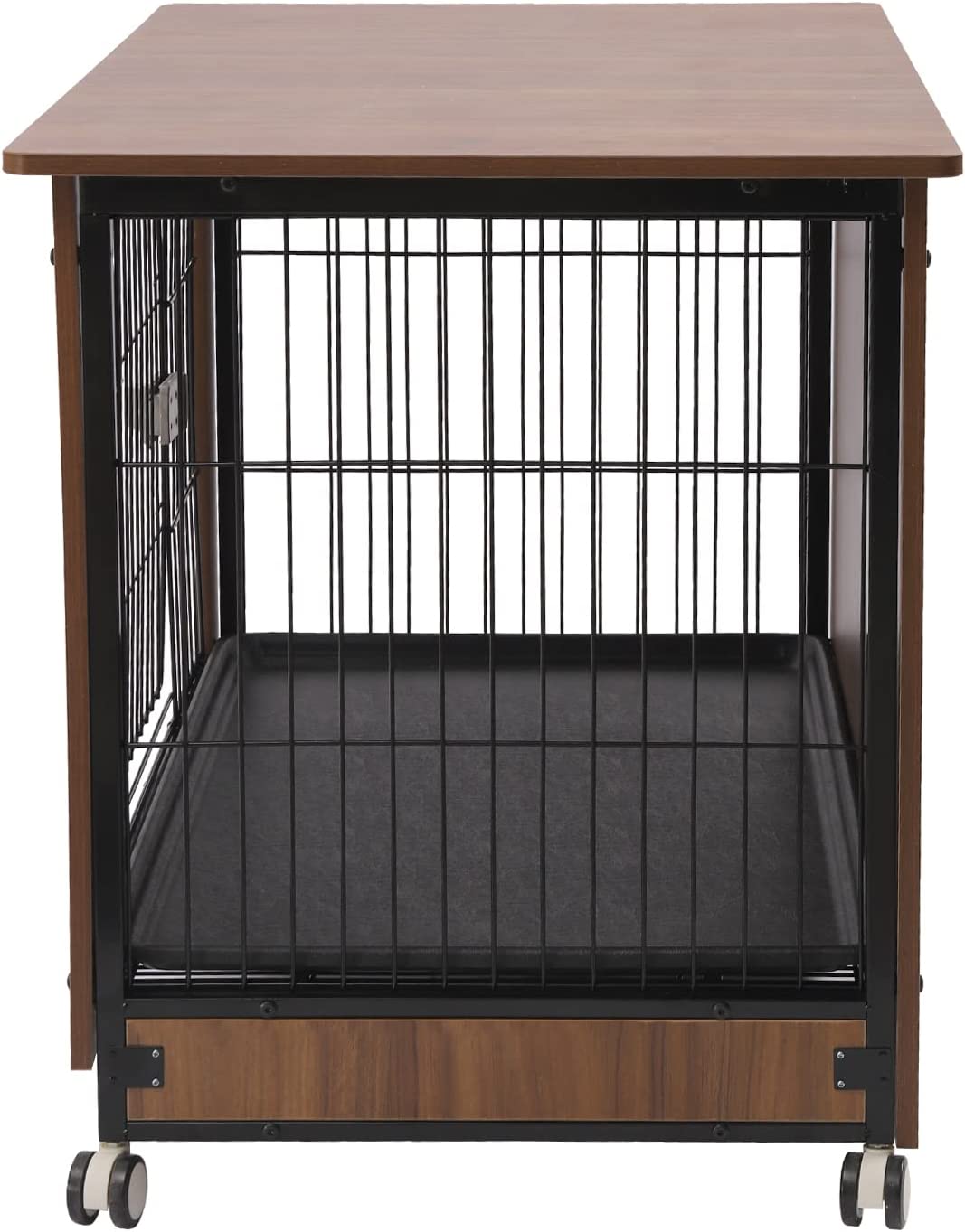 Miumaeov Dog Crate With A Spacious Top， Brown Furniture-style Crates with Wheels， Indoor Dog Kennel， Metal Dog House， Dog Cage with Tray， 38.6 * 25.2 * 30.1in