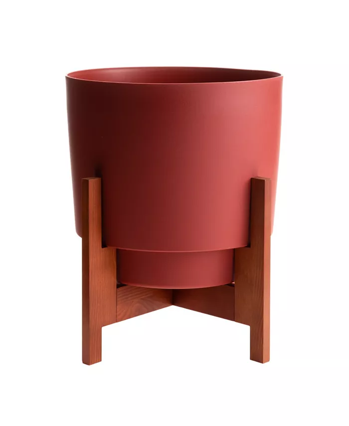 Bloem Hopson Planter w  Wood Stand， Burnt Red， 10 inches